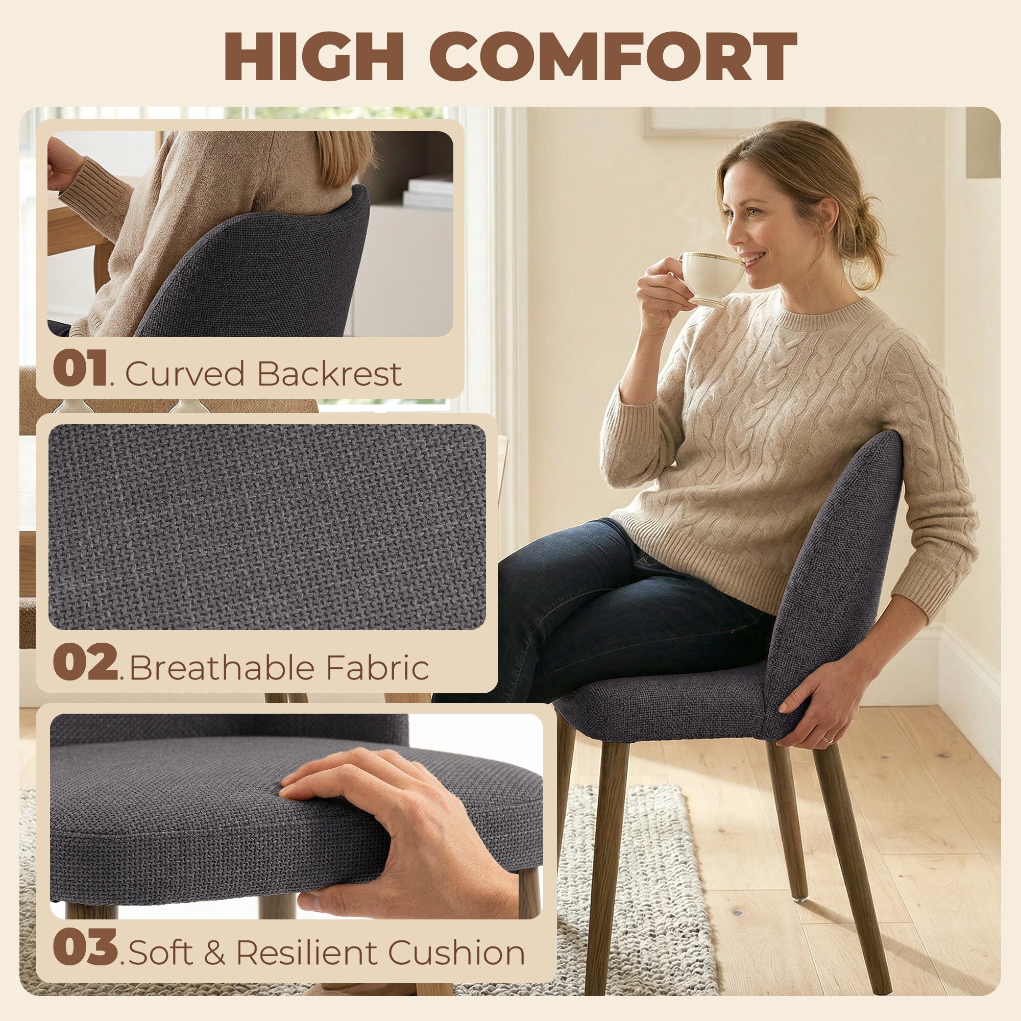 Dining Chairs Set of 2, Linen Upholstered Kitchen Chairs with Padded Seat, Curved Backrest, Rubberwood Legs, Dark Grey
