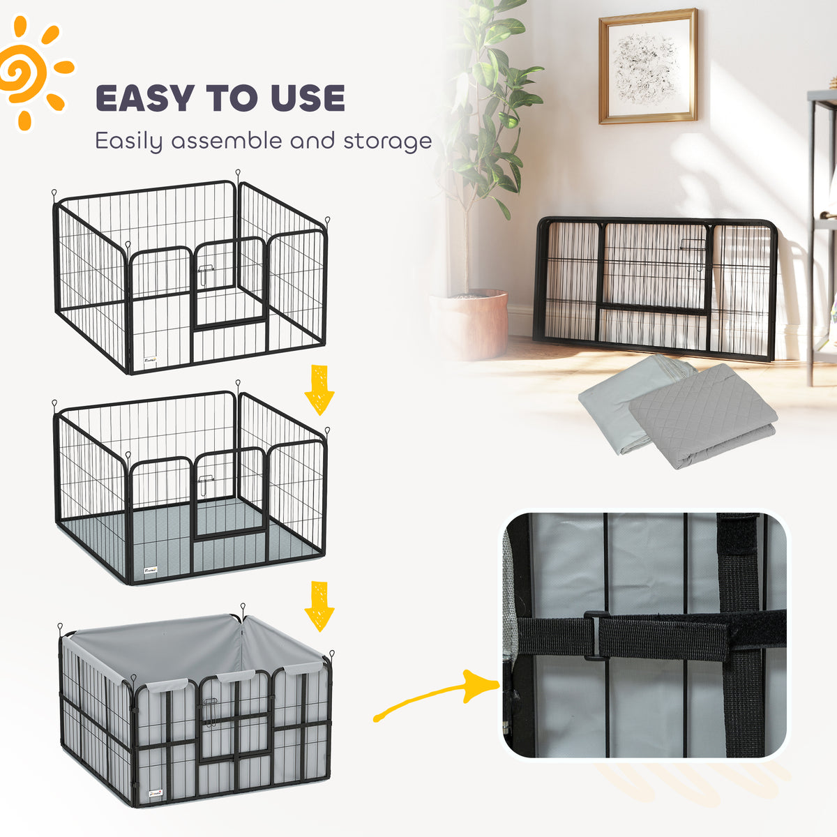 Steel Dog Whelping Box with Washable Pad and Windproof Cloth for Small & Medium Dogs 102x102x60cm - Black
