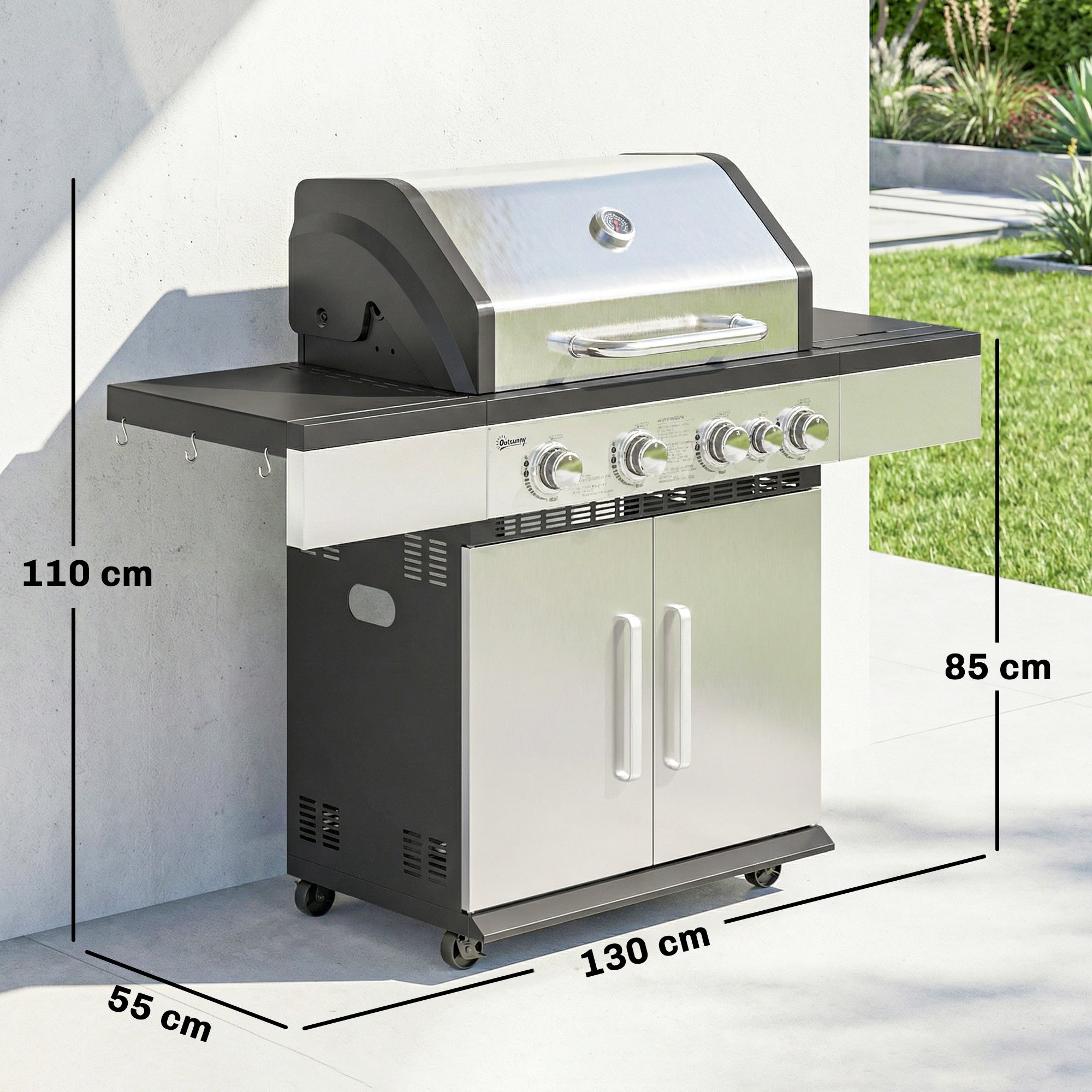 4+1 Burner Gas BBQ Grill, Portable Gas Barbecue Grill with Side Burner, Warming Rack, Side Shelf, Storage Cabinet