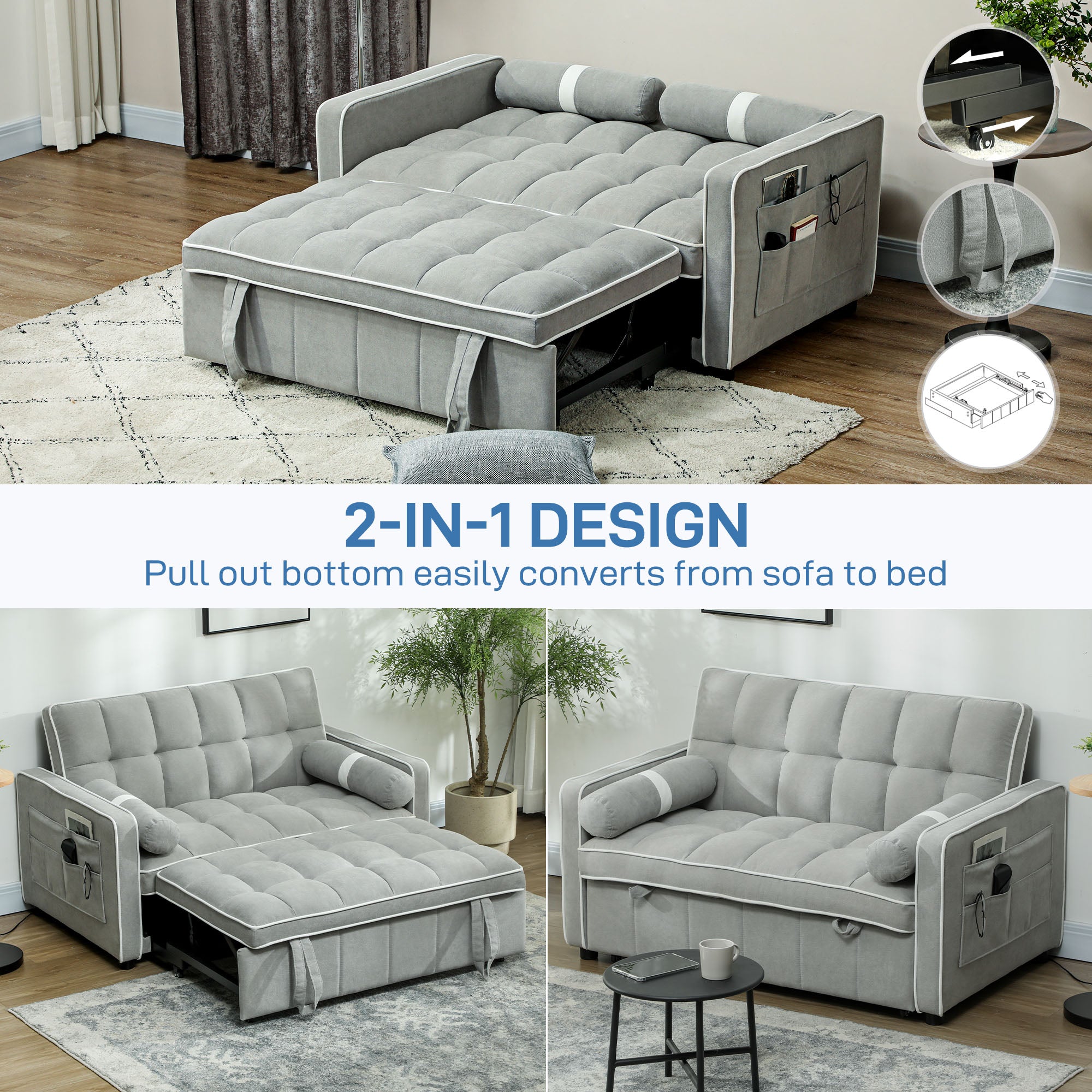 Two-Seater Linen-Look Sofa Bed with Recliner and Storage Pockets - Light Grey