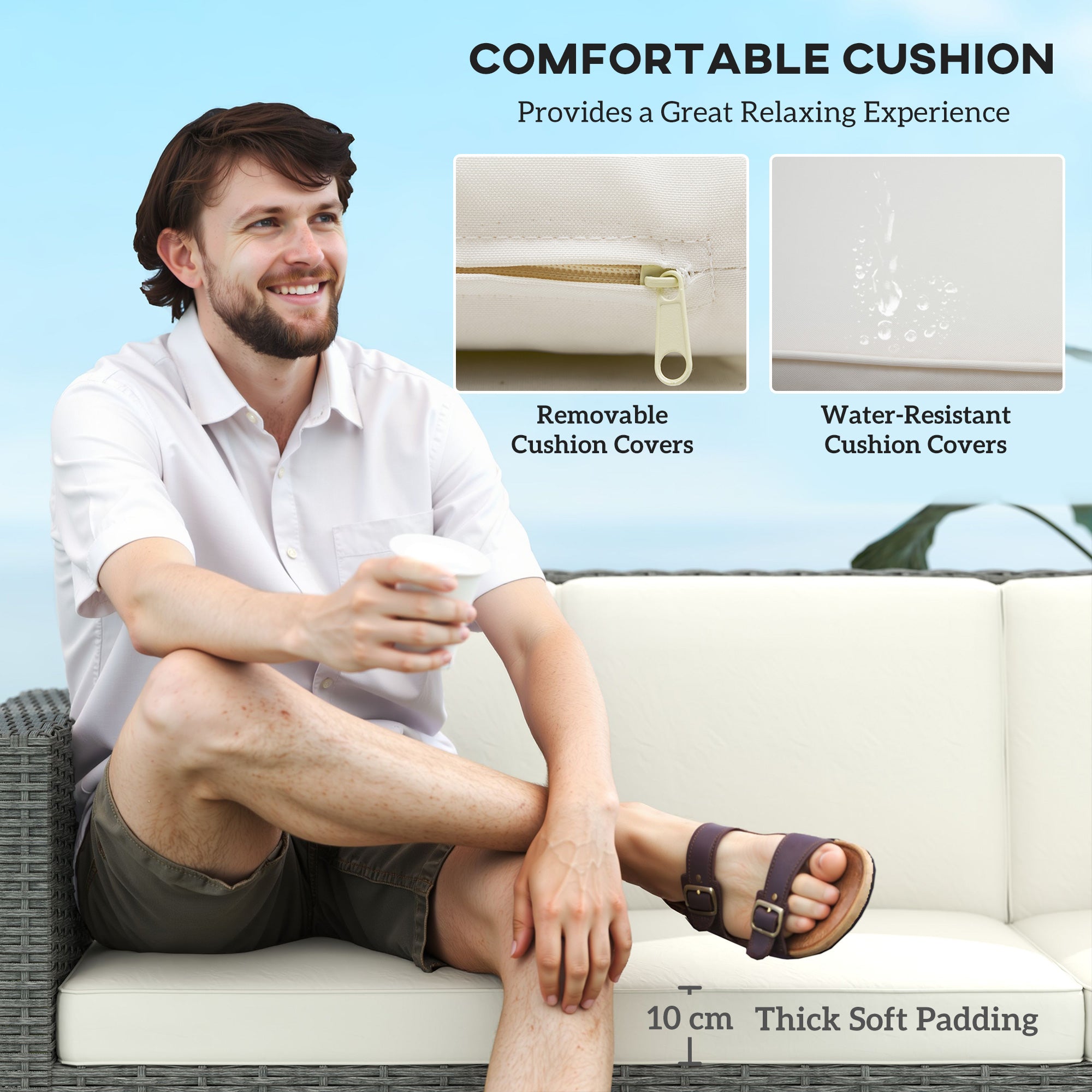 3 Seater Rattan Sofa with Fire Resistant Cushions Cream