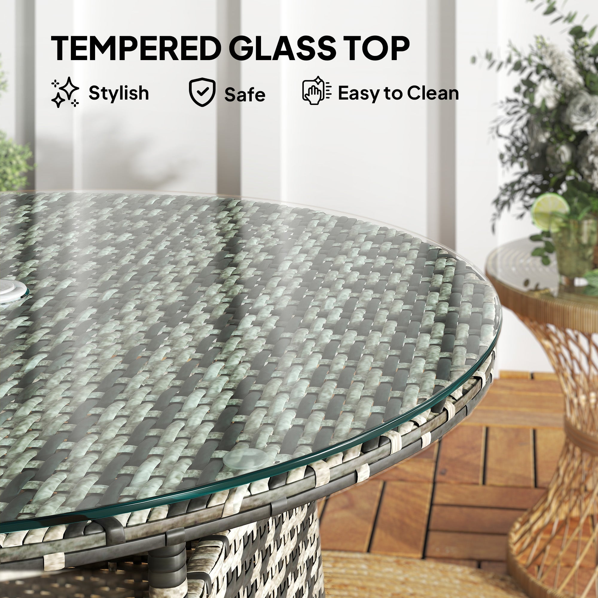 1 Piece Wicker Rattan Garden Coffee Table with Umbrella Hole Grey