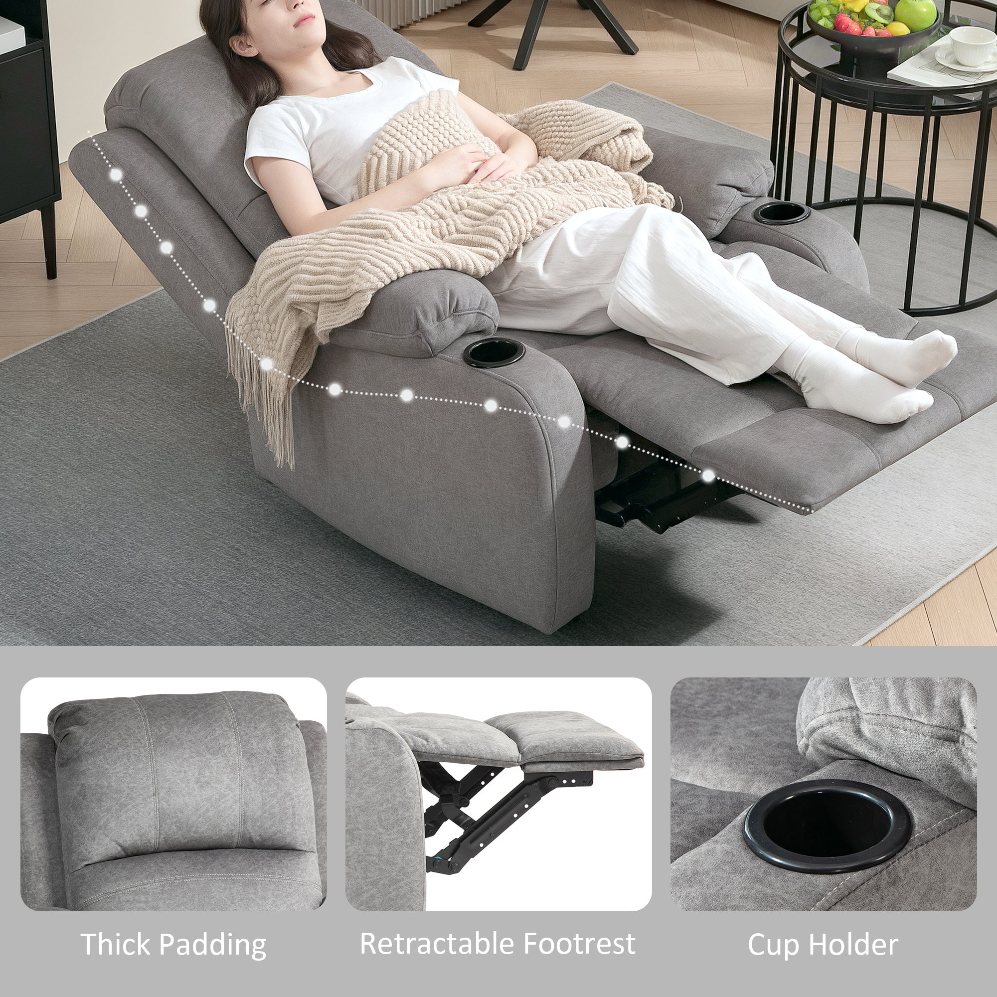 Microfibre Manual Reclining Armchair with Footrest - Grey