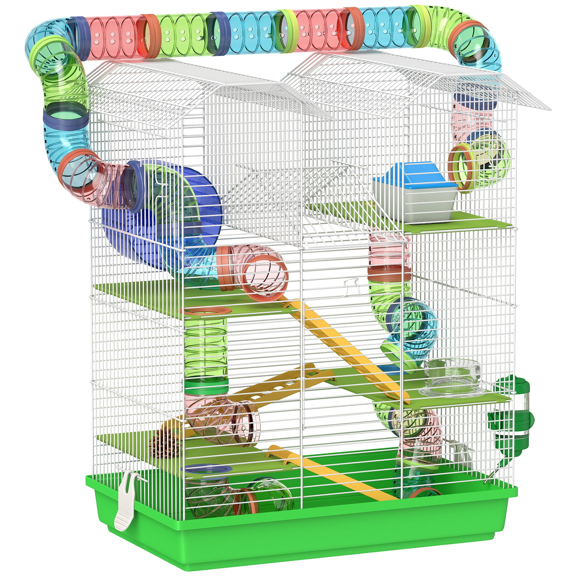 Hamster Cage, 5 Tier Carrier Habitat with Exercise Wheels Tunnel Tube Water Bottle Dishes House Ladder, Gerbil Cage for Dwarf Mice, Green