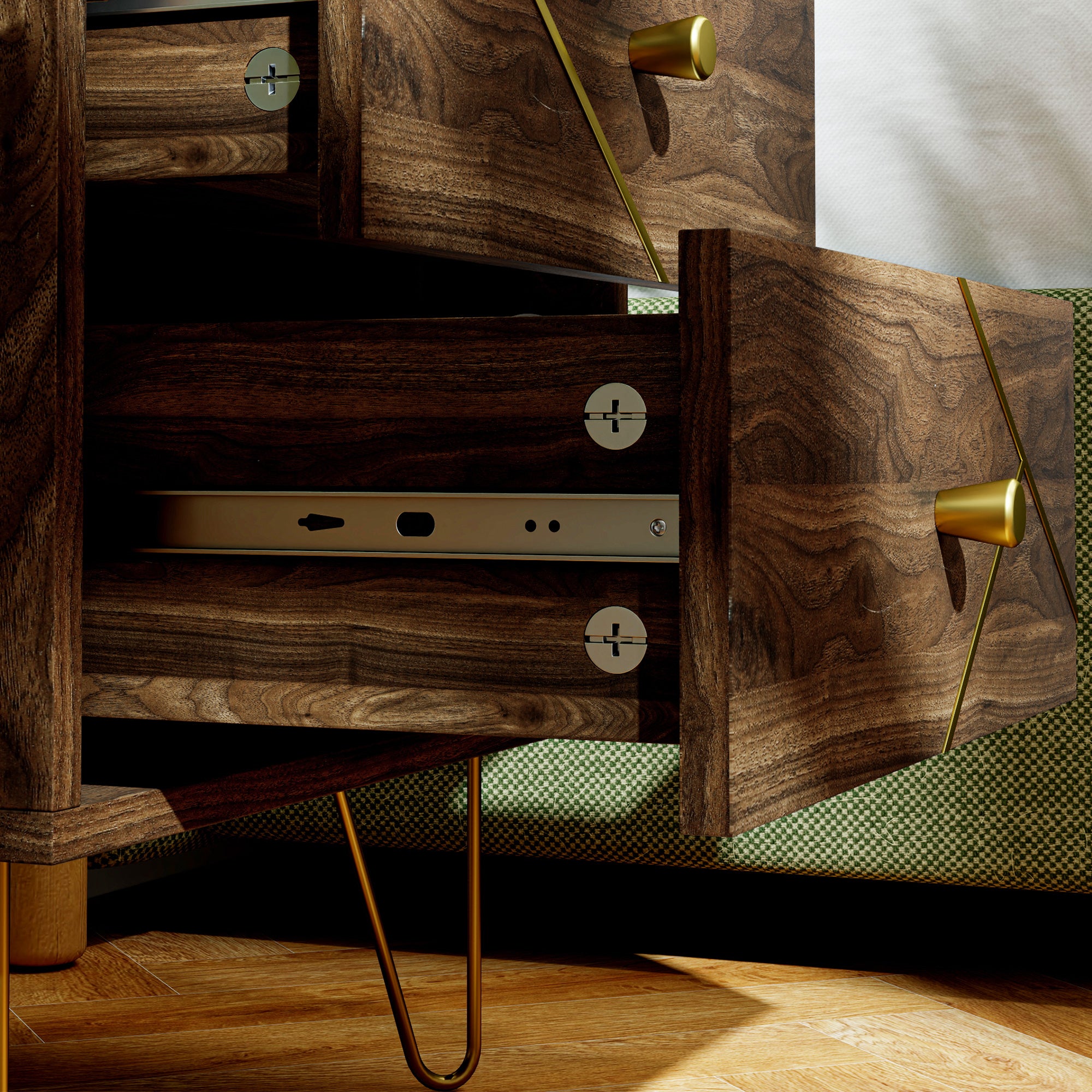 Bedside Tables Set of 2, Modern Side Table Set with 2 Drawers and Steel Hairpin Legs, Nightstand for Bedroom, Brown Wood Grain