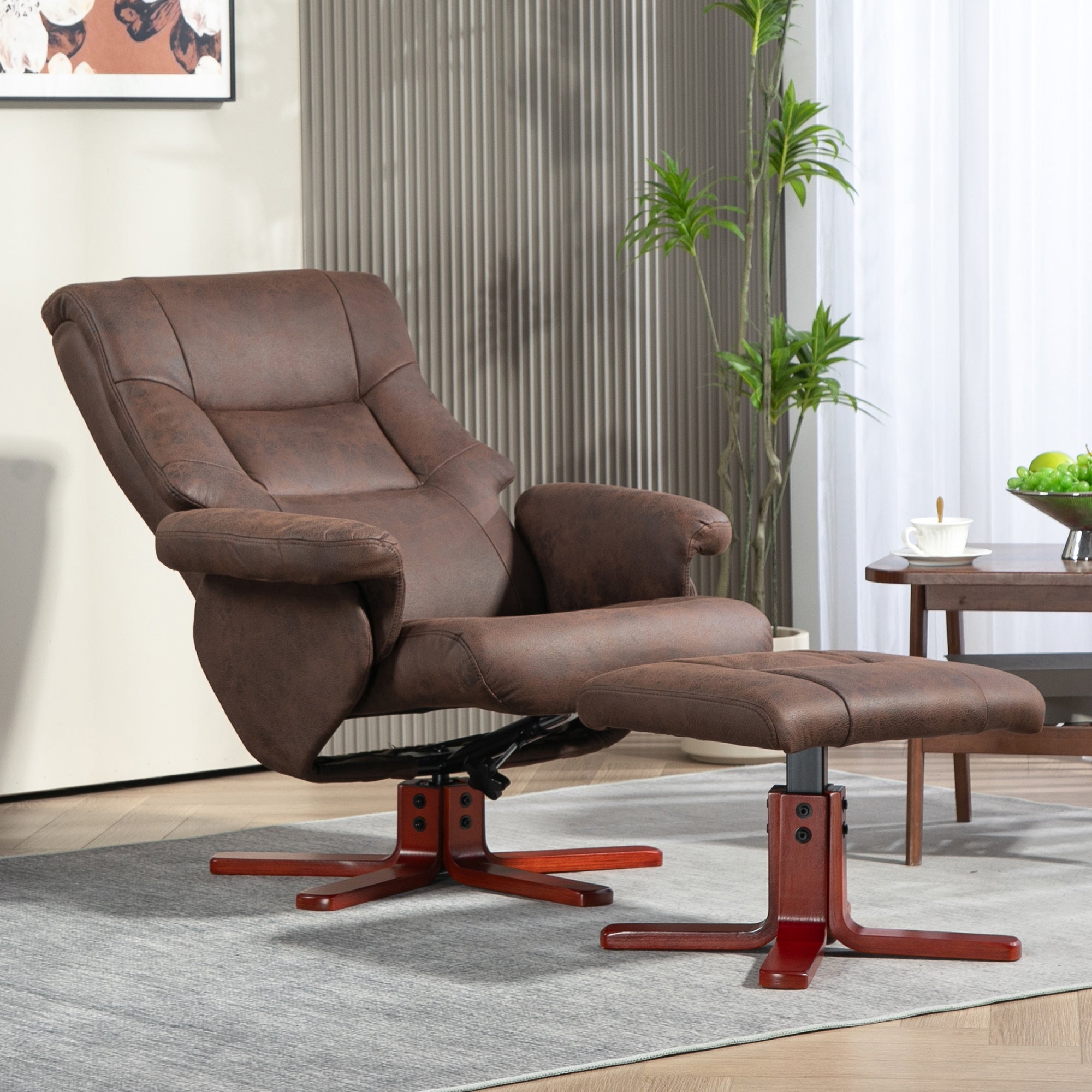 Faux Microfibre Leather Manual Recliner and Footstool Set - Dark Brown