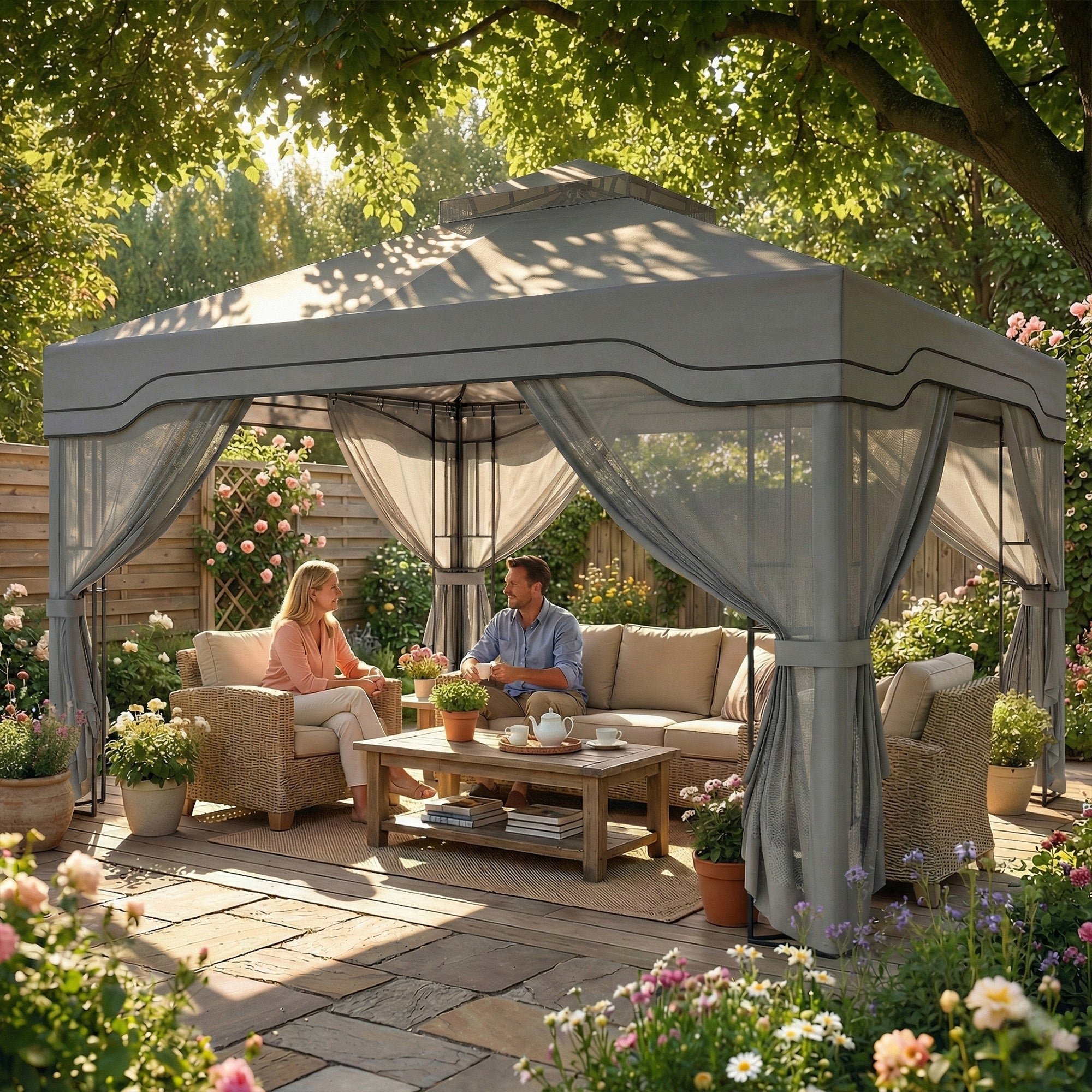 3 x 3.6 m Outdoor Garden Gazebo with Post Shelves, UPF50+ Patio Permanent Pavilion with Hook, Dark Grey