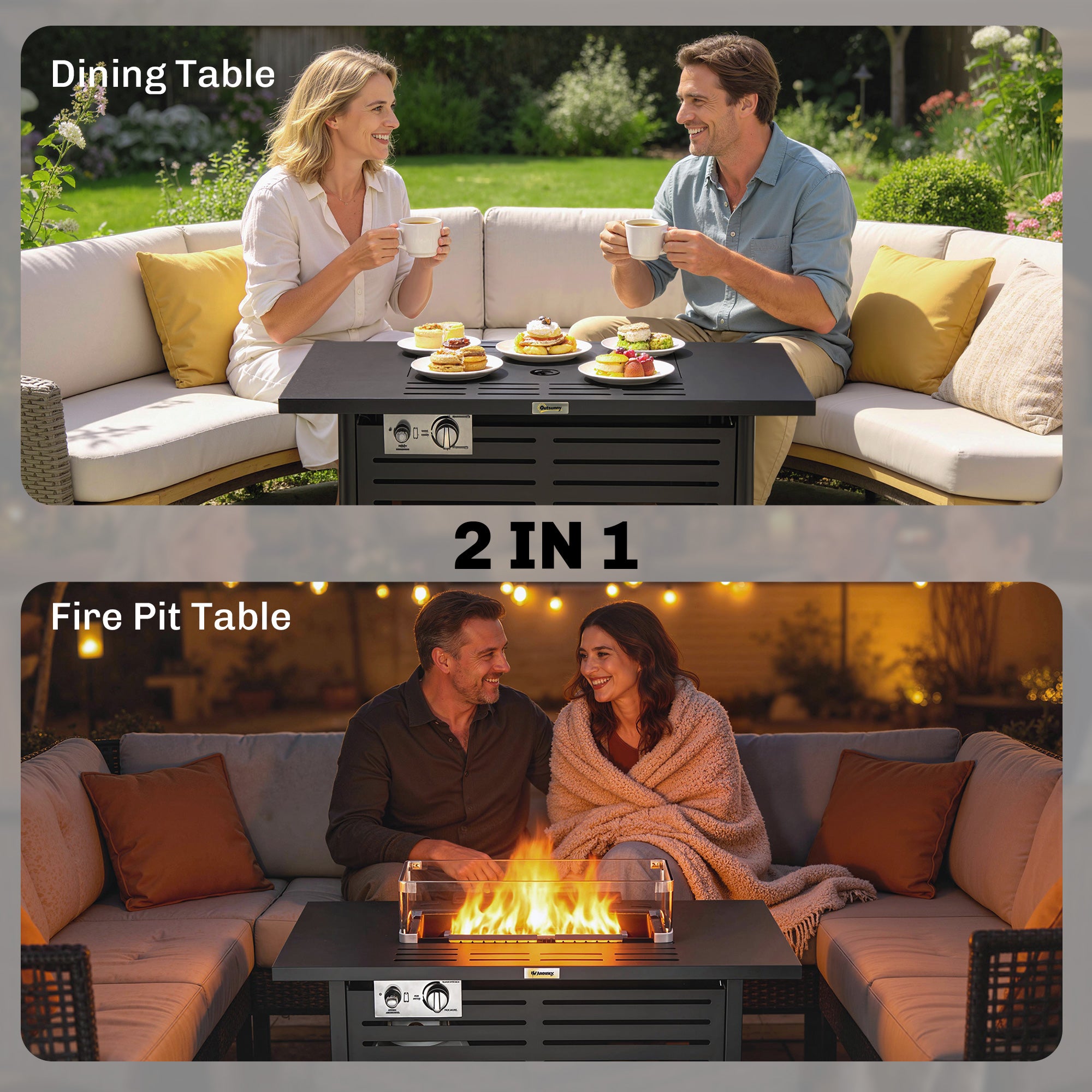 Propane Gas Fire Pit Table, Outdoor Firepit with 43" Steel Tabletop and Lid, 50,000 BTU Pulse Ignition Fire Table w/ Stainless Steel Burner, Glass Wind Guard, and Cover