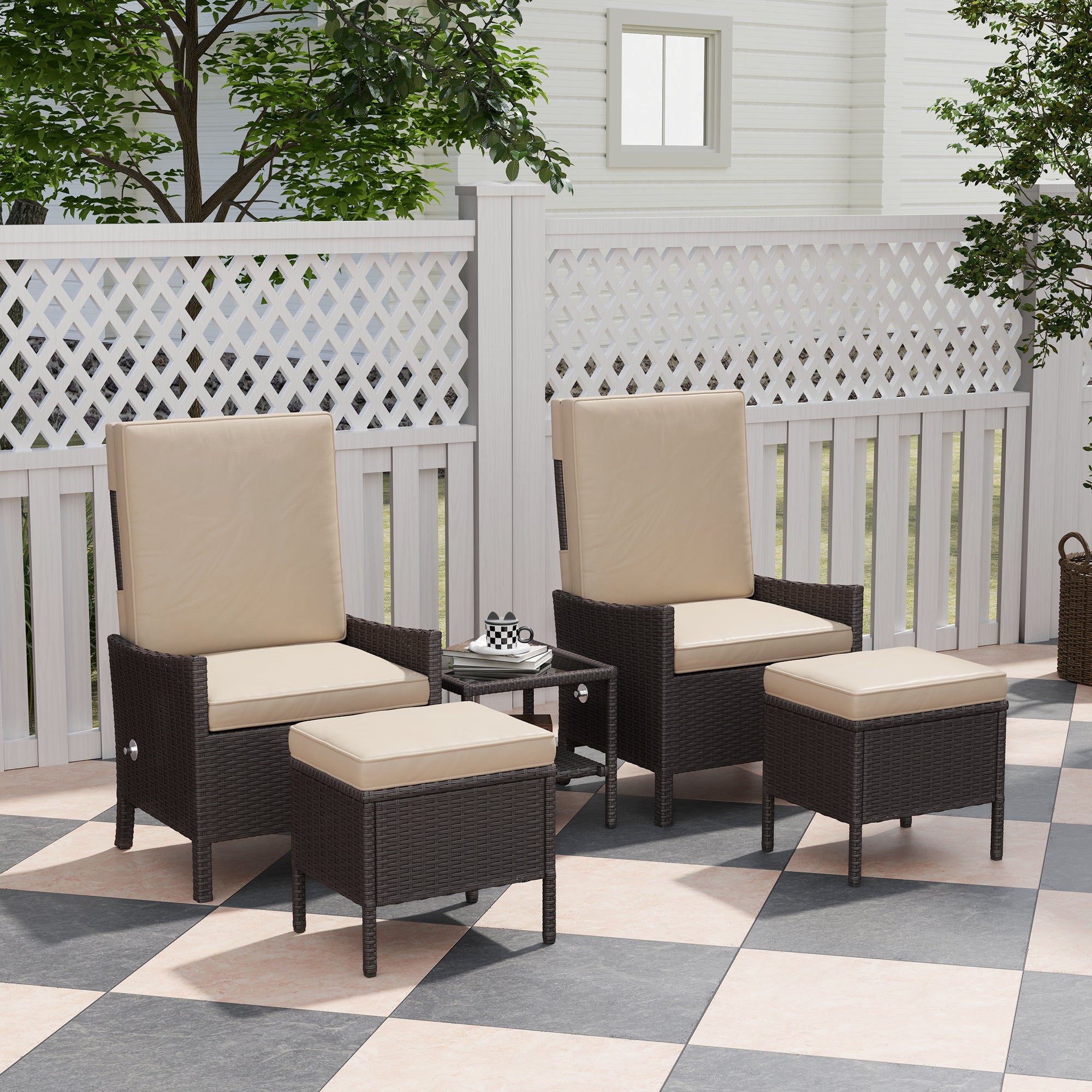 5 Piece Rattan Garden Furniture Set with Cushions and Glass Table Khaki