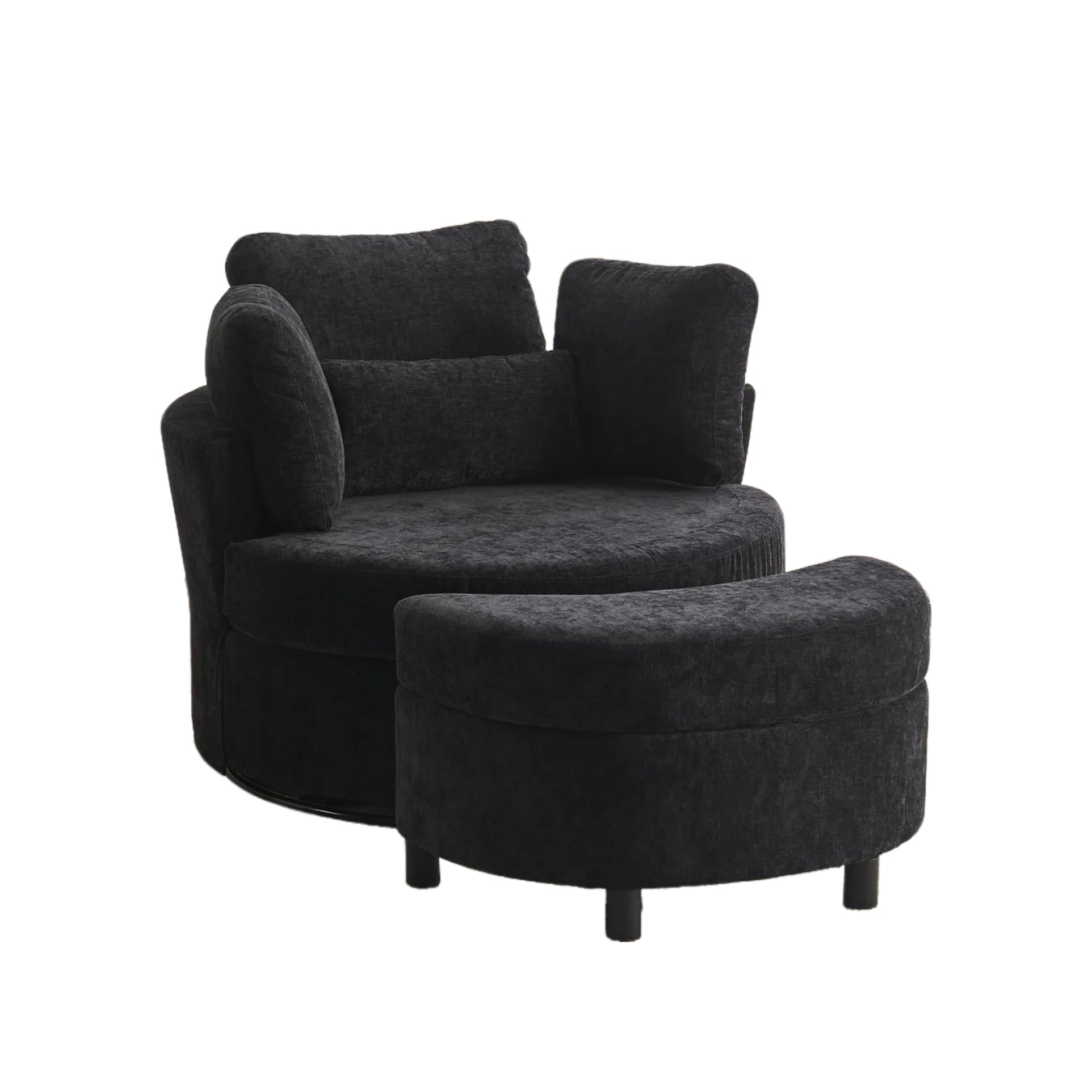 Chenille Swivel Armchair with 3 Back Cushions and Crescent Ottoman Stool, 360° Swivel Recliner Sofa, 107L x 105W x 82H cm, Black