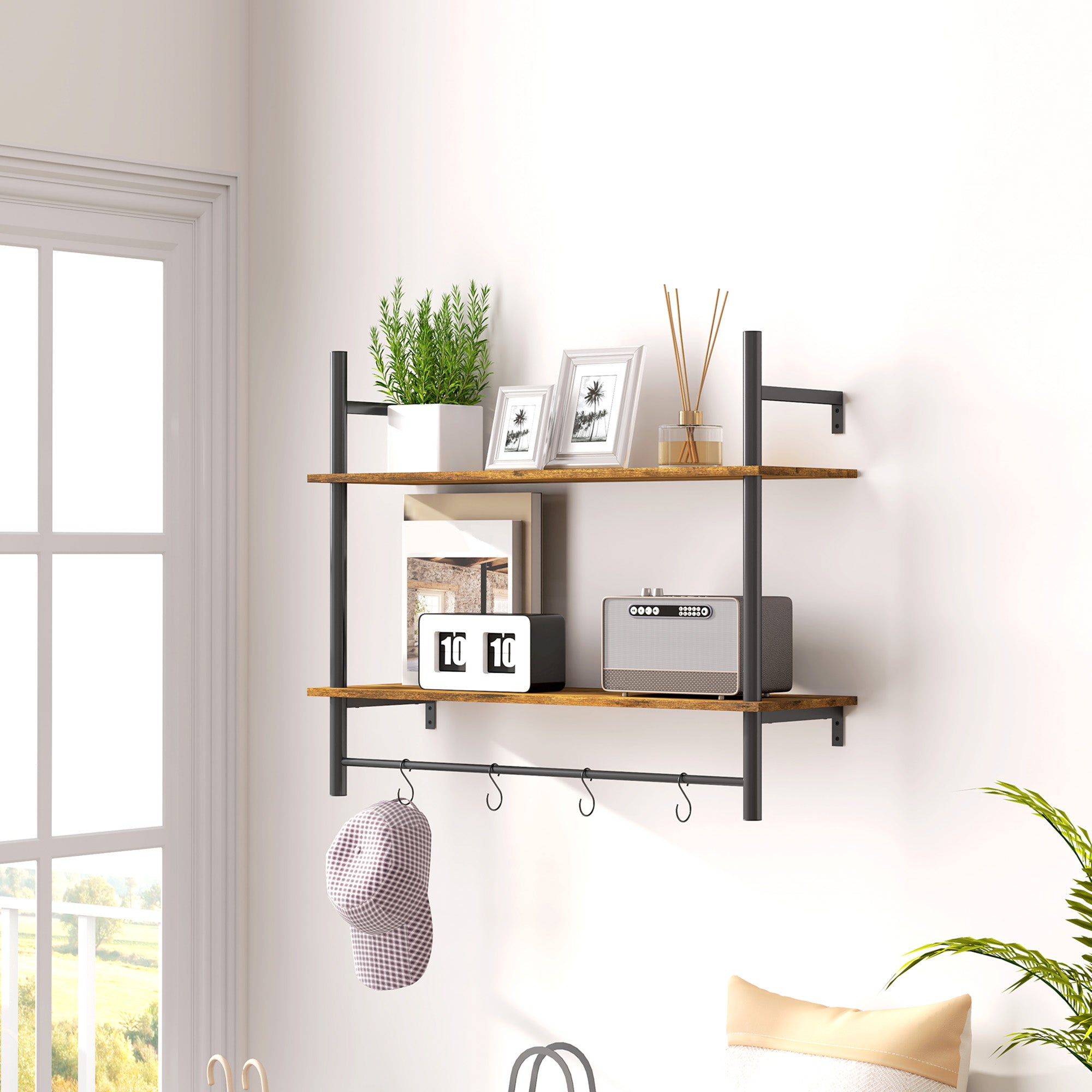 Wall Mounted Floating Shelf Unit with 4 Hooks, Rustic Brown