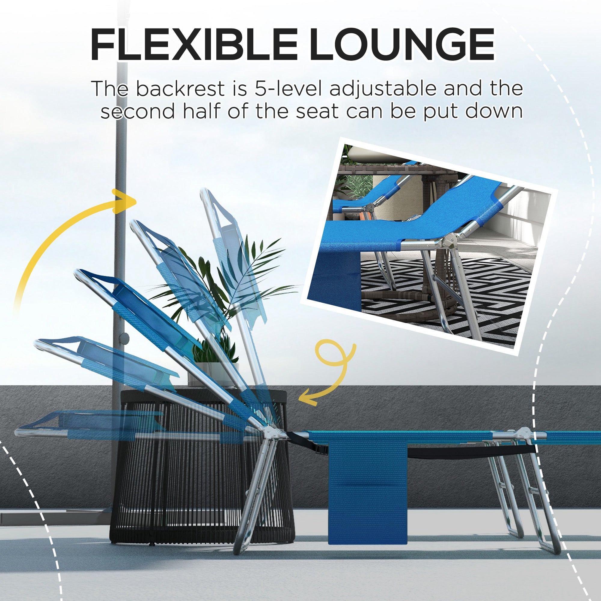 Foldable Sun Lounger Set of 2 with Reading Hole, Portable Sun Lounger with 5 Level Adjustable Backrest, Reclining Lounge Chair with Side Pocket, Headrest Pillow, Blue