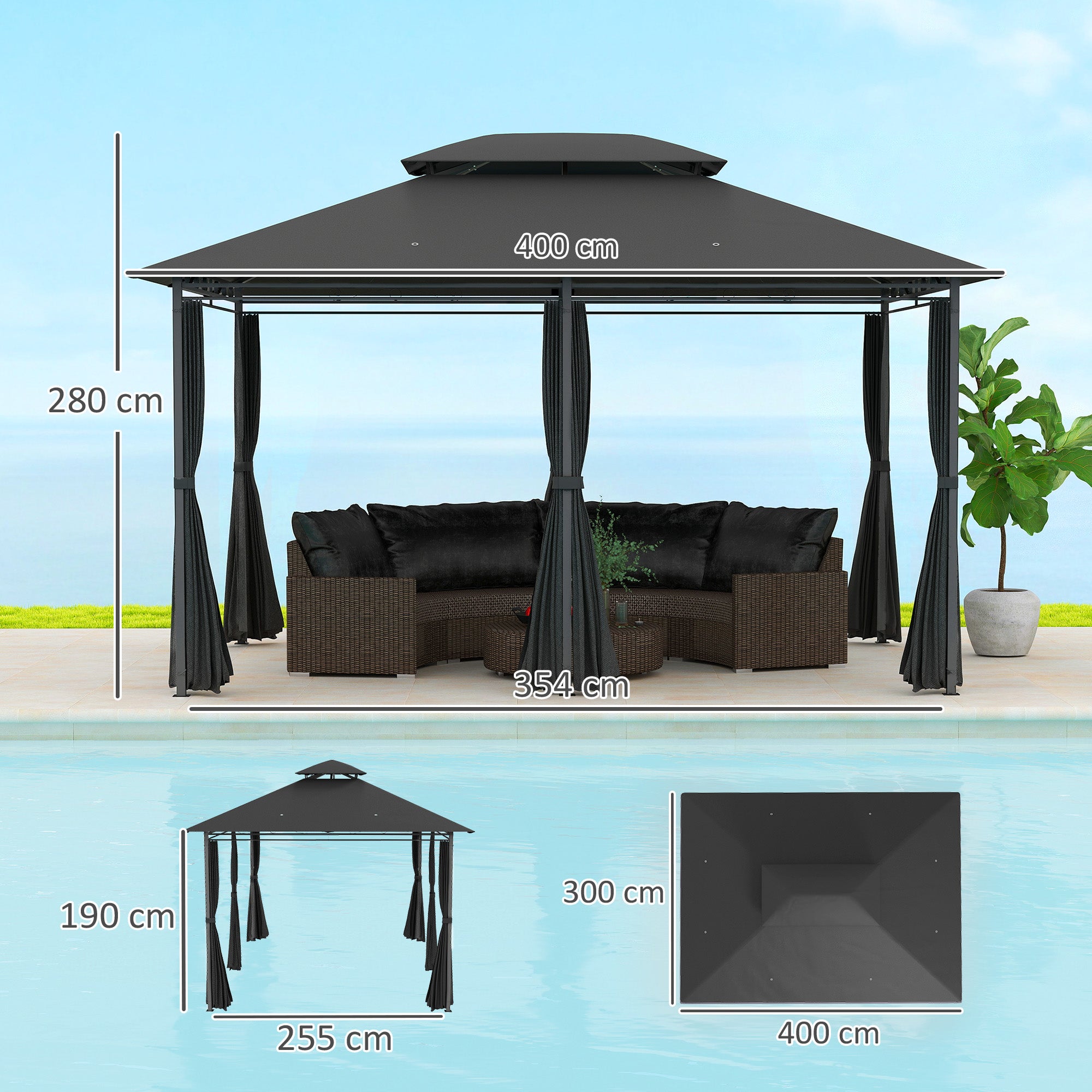 3 x 4m Steel Gazebo, with Curtains - Black