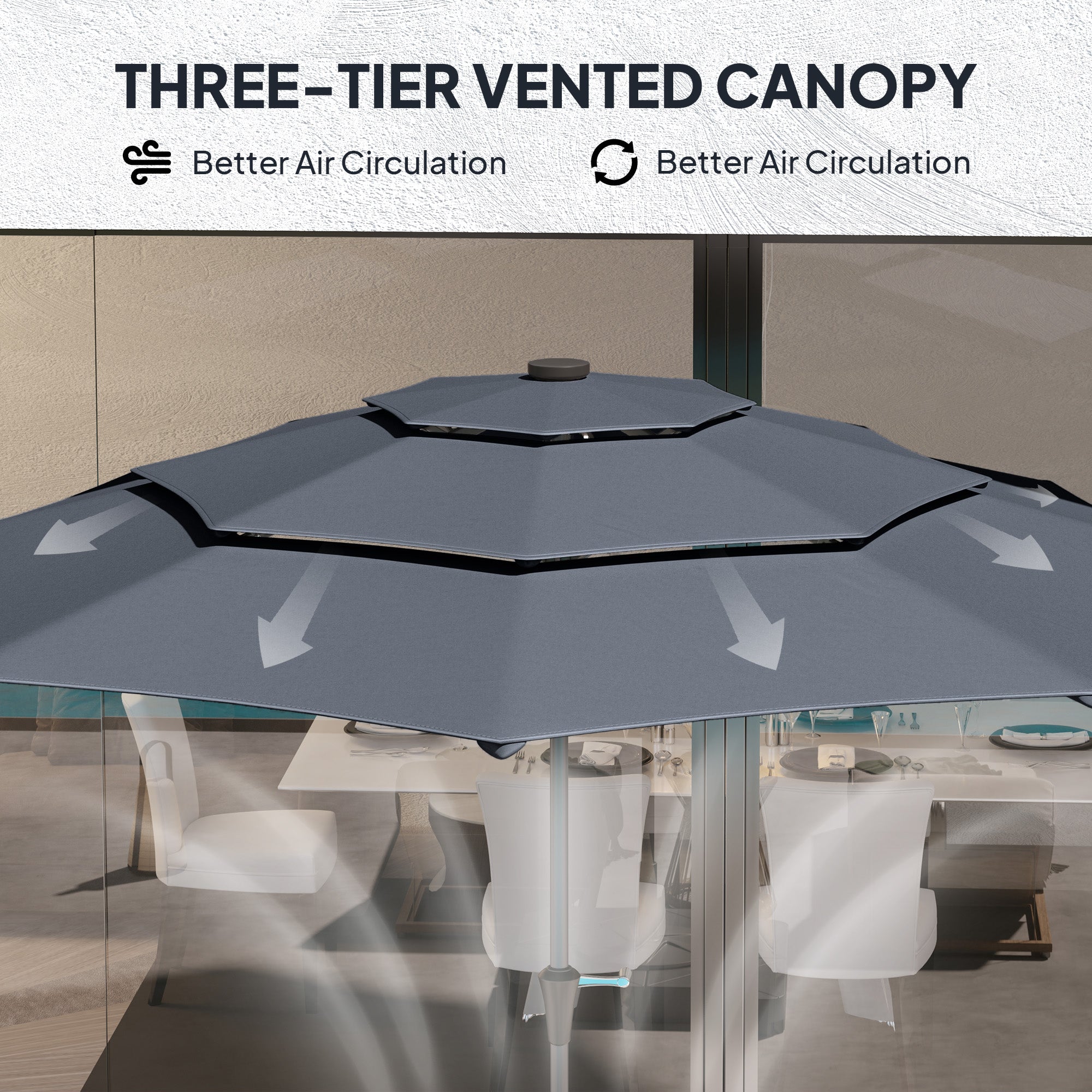 3 Tier Garden Parasol with Solar LED Lights and UPF 30+ Canopy - Dark Grey