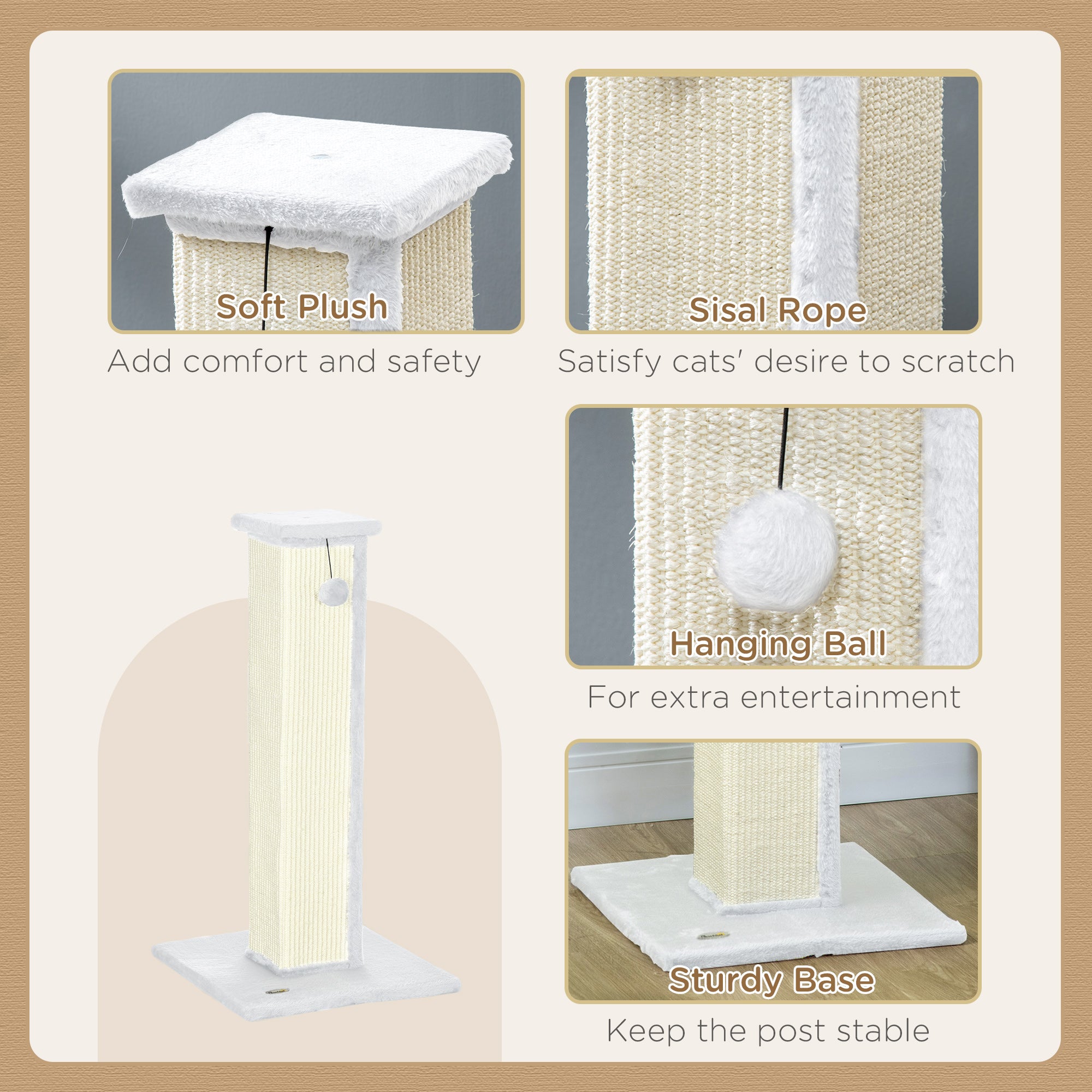 81cm Cat Scratcher, Vertical Full Scratcher w/ Natural Sisal Rope, Hanging Ball, Soft Plush - White