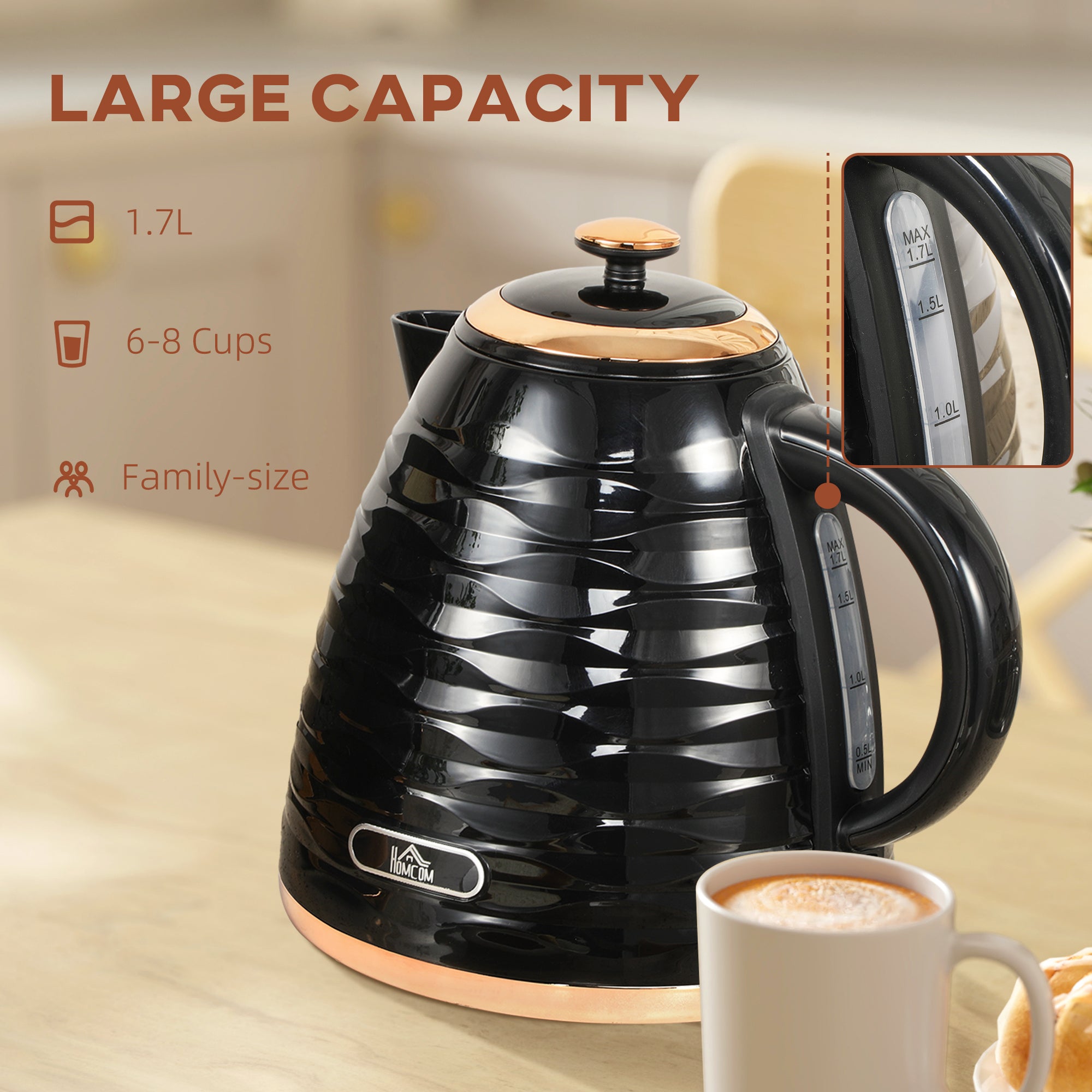 Electric Kettle, 1.7L, Fast Boil, 3kW Water Kettle with Removable Washable Anti-scale Filter, Auto Shut-off, 360° Swivel, BPA Free, Black Water Ripple Texture