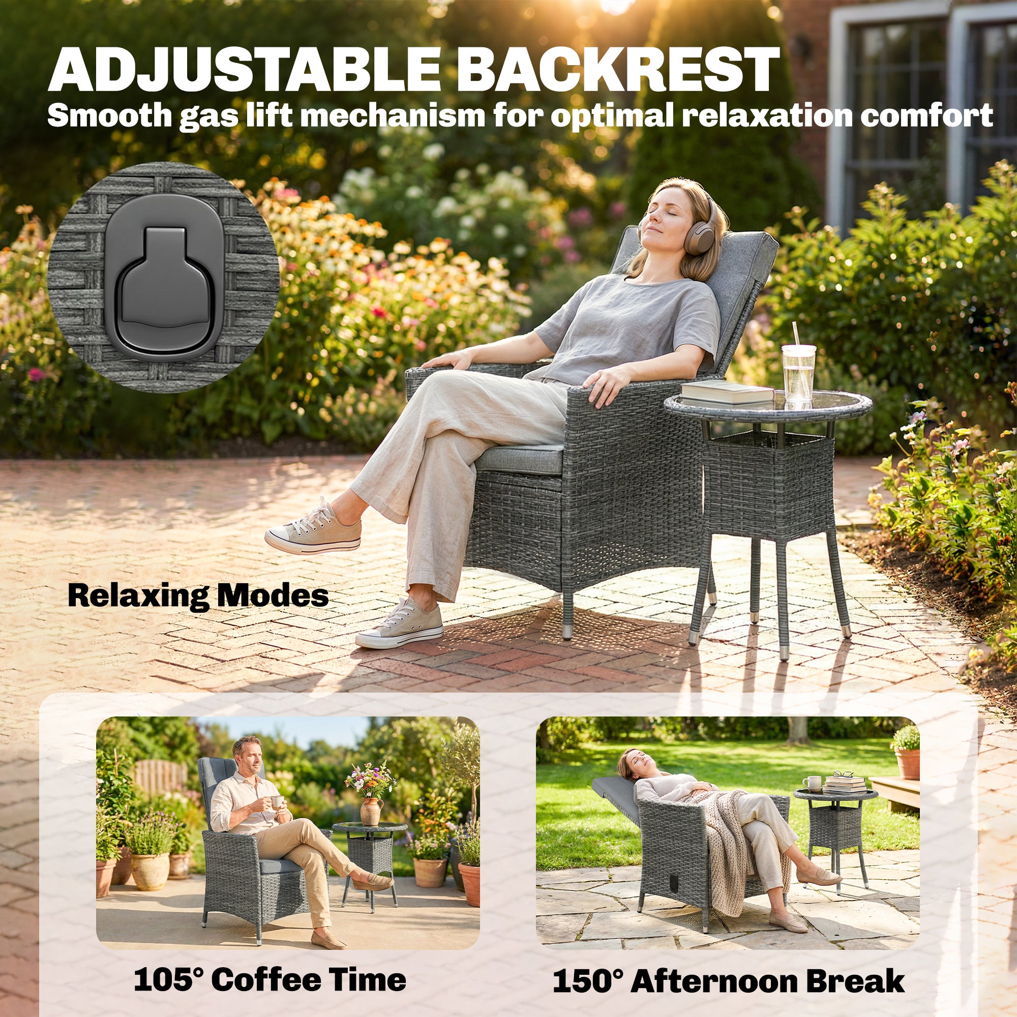 Rattan Bistro Set, Reclining Garden Chairs and Glass Coffee Table with Cushions for Patio Balcony Porch, Grey
