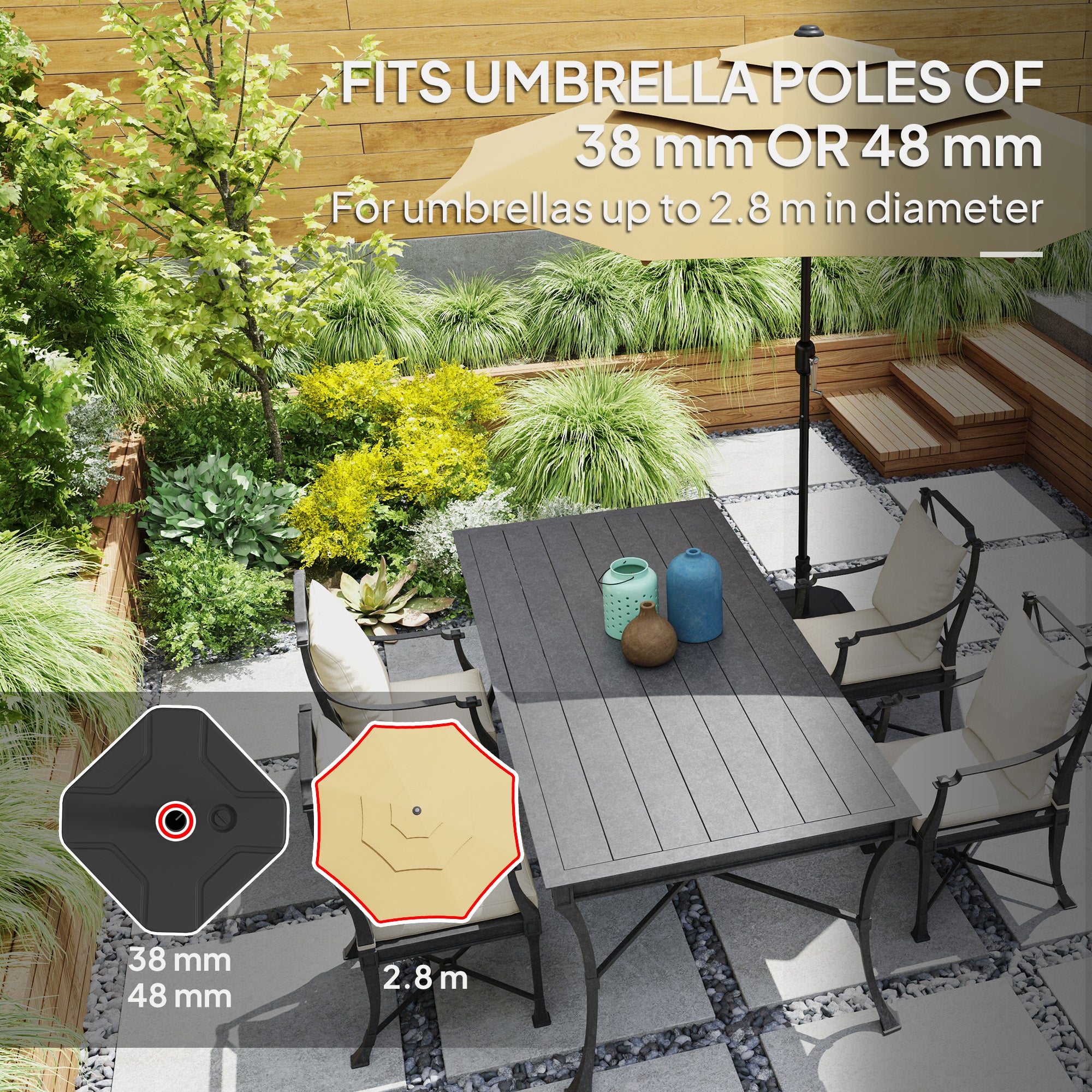 Square Garden Parasol Base, Garden Umbrella Stand Heavy Duty Parasol Base, Filled Up to 25kg with Stand or 20kg with Water for for 38, 48 mm Poles, Black