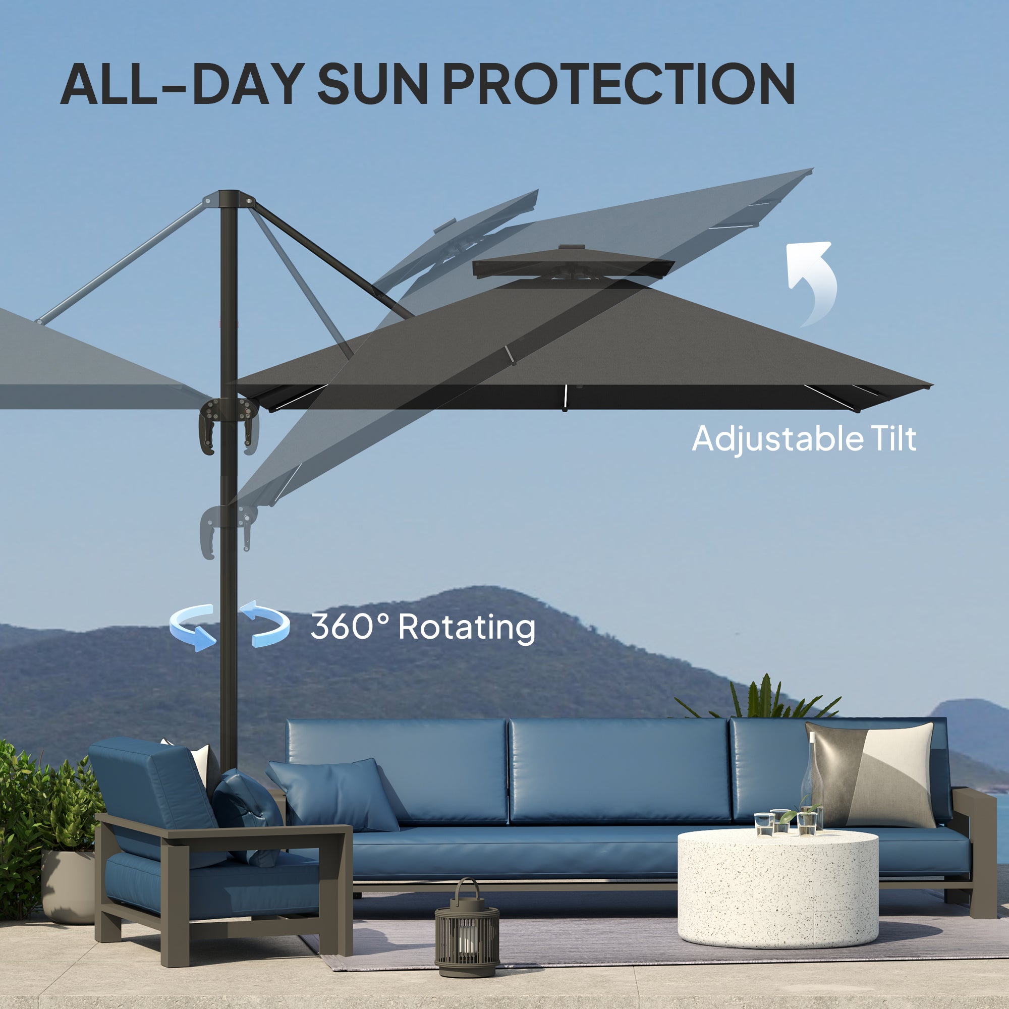 2.5m Cantilever Parasol with Solar LED Lights and 360 Degree Rotation - Dark Grey