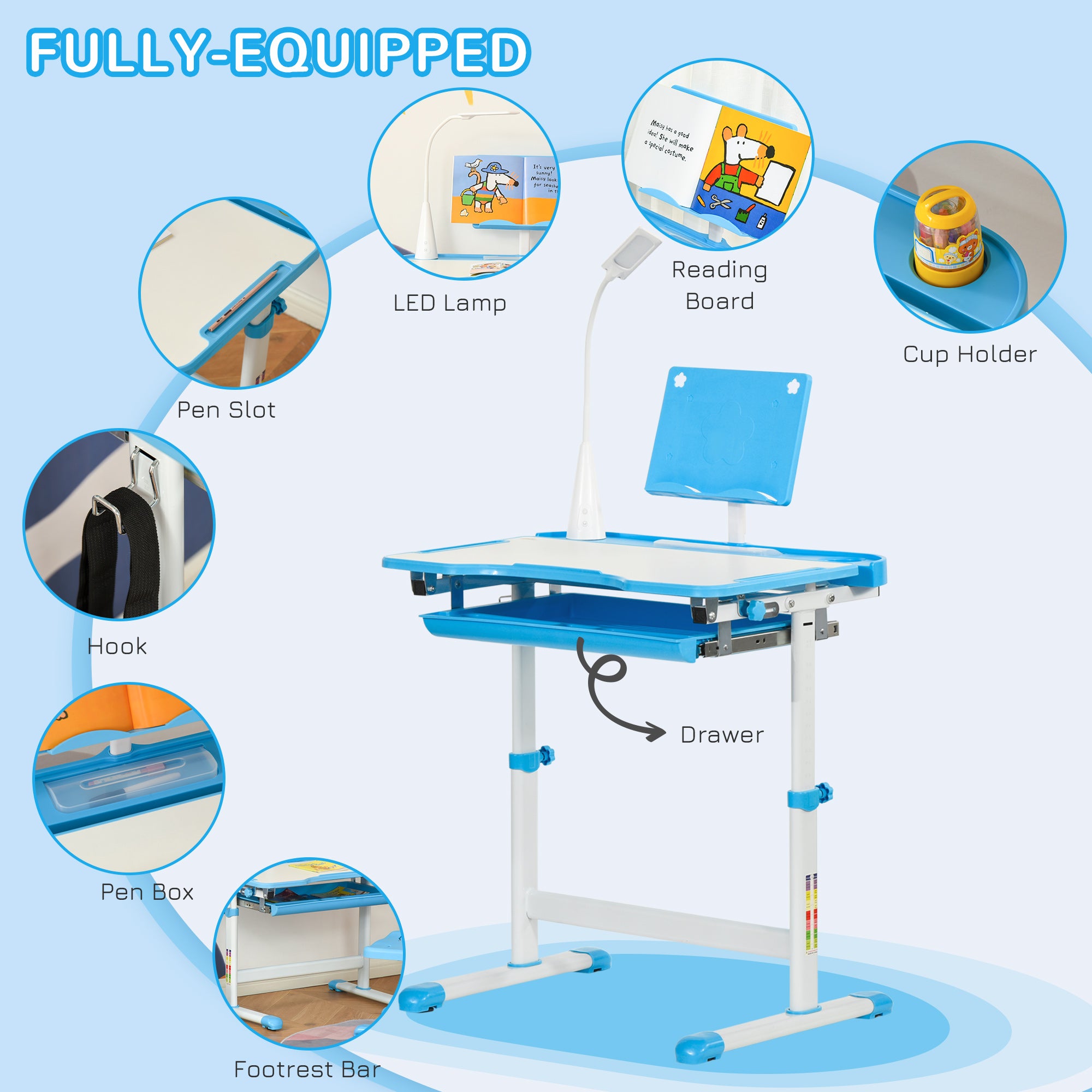 Kids Study Desk and Chair Set w/ Adjustable Height, Storage, Drawer, Blue