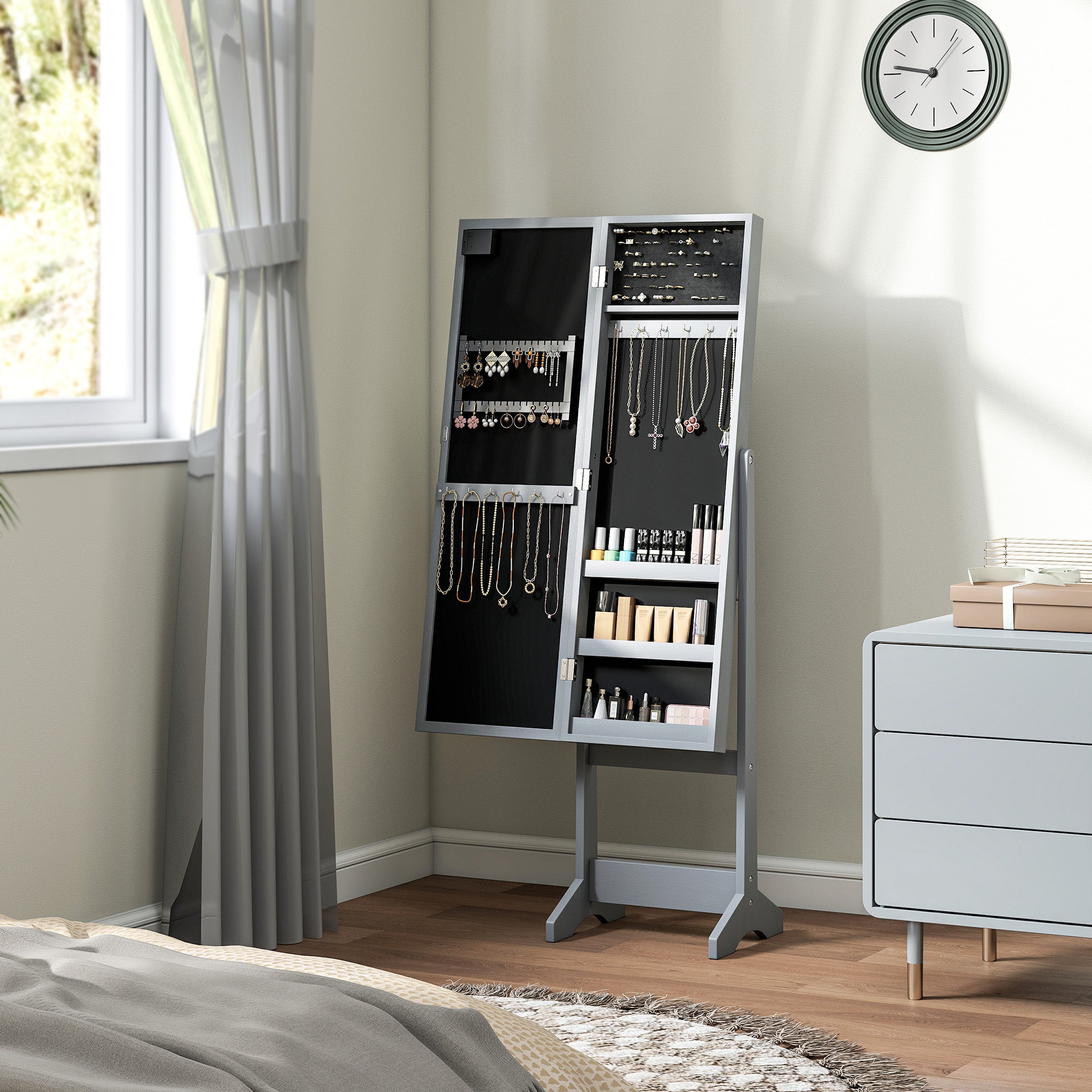 Freestanding Mirrored Jewellery Storage Cabinet - Grey