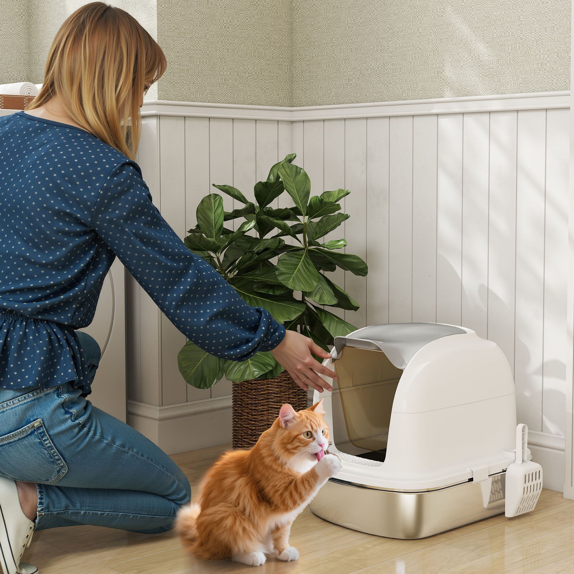 Stainless Steel Cat Litter Box with Lid, for Cats, Enclosed Cat Litter Box with Flip Cover, Scoop