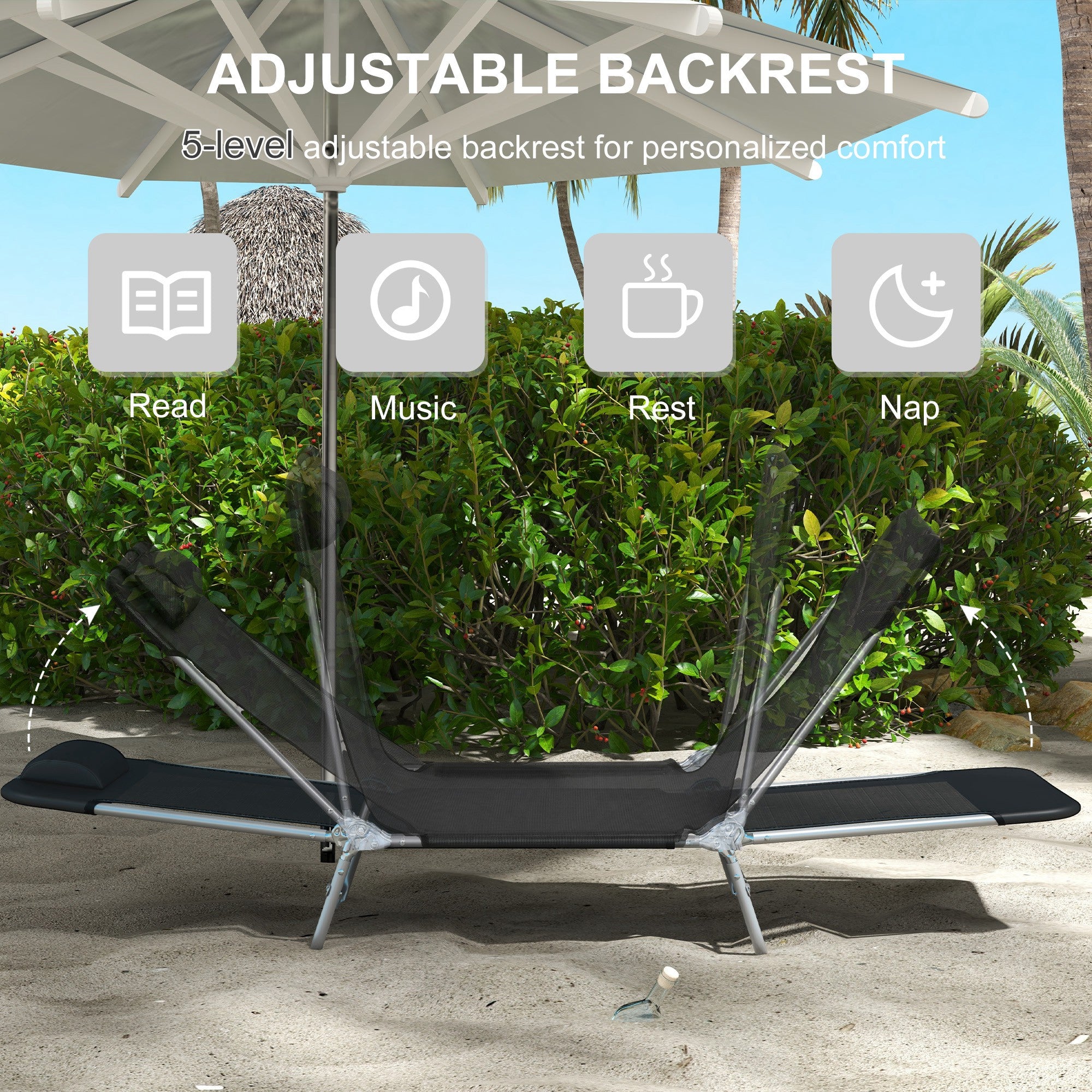 Set of Two Steel Frame Sun Loungers, with Reclining Backs - Black