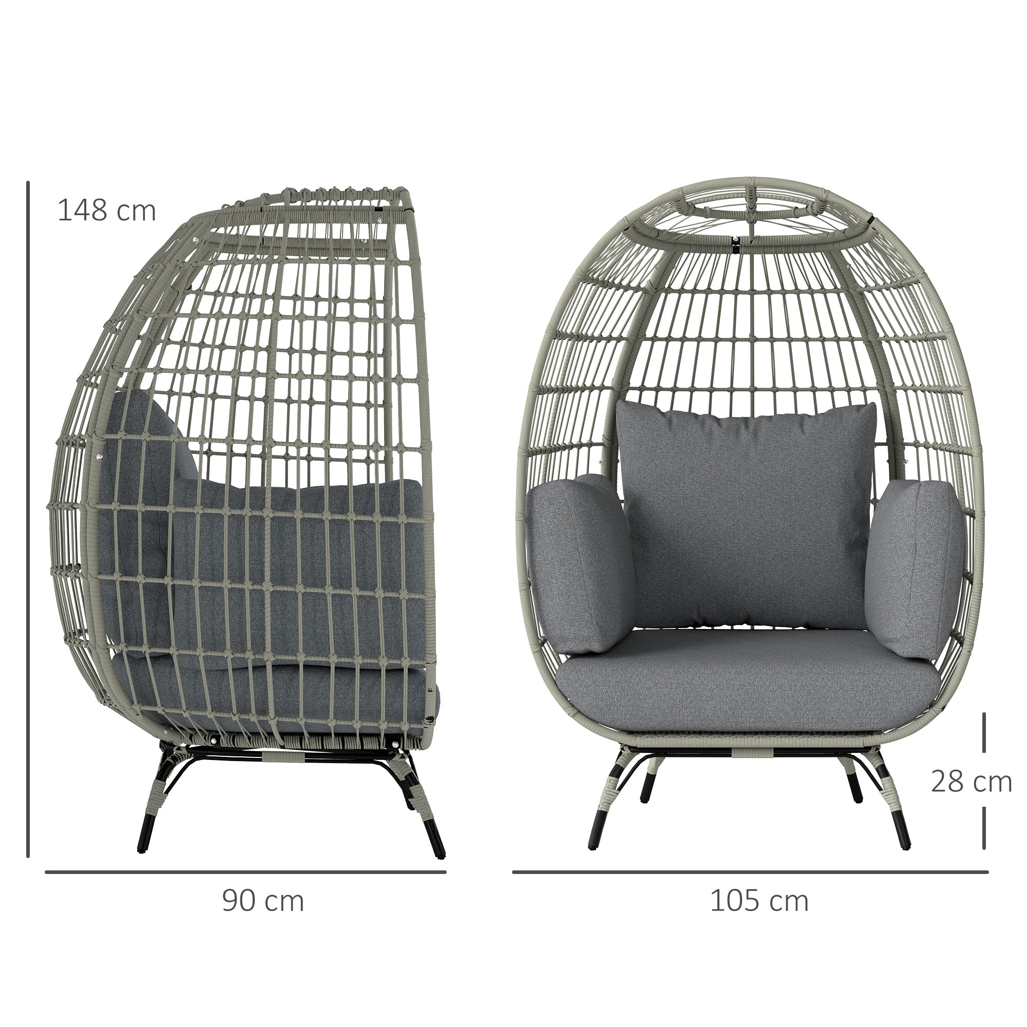 Rattan Egg Chair with Cushions and Pillows - Charcoal Grey