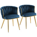 Velvet-Feel Dining Chairs Set of 2, Modern Upholstered Armchair with Knot Design and Golden Metal Legs, Accent Chair for Dining Room, Bedroom, Kitchen, Living Room, Dark Blue