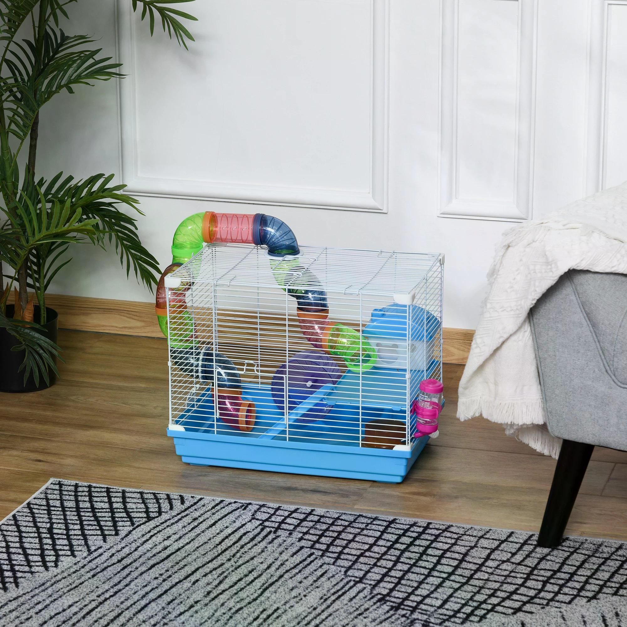 Pawhut 2 Tier Hamster Cage Carrier Habitat Small Animal House with Exercise Wheels Tunnel Tube Water Bottle Dishes House Ladder for Dwarf, Blue