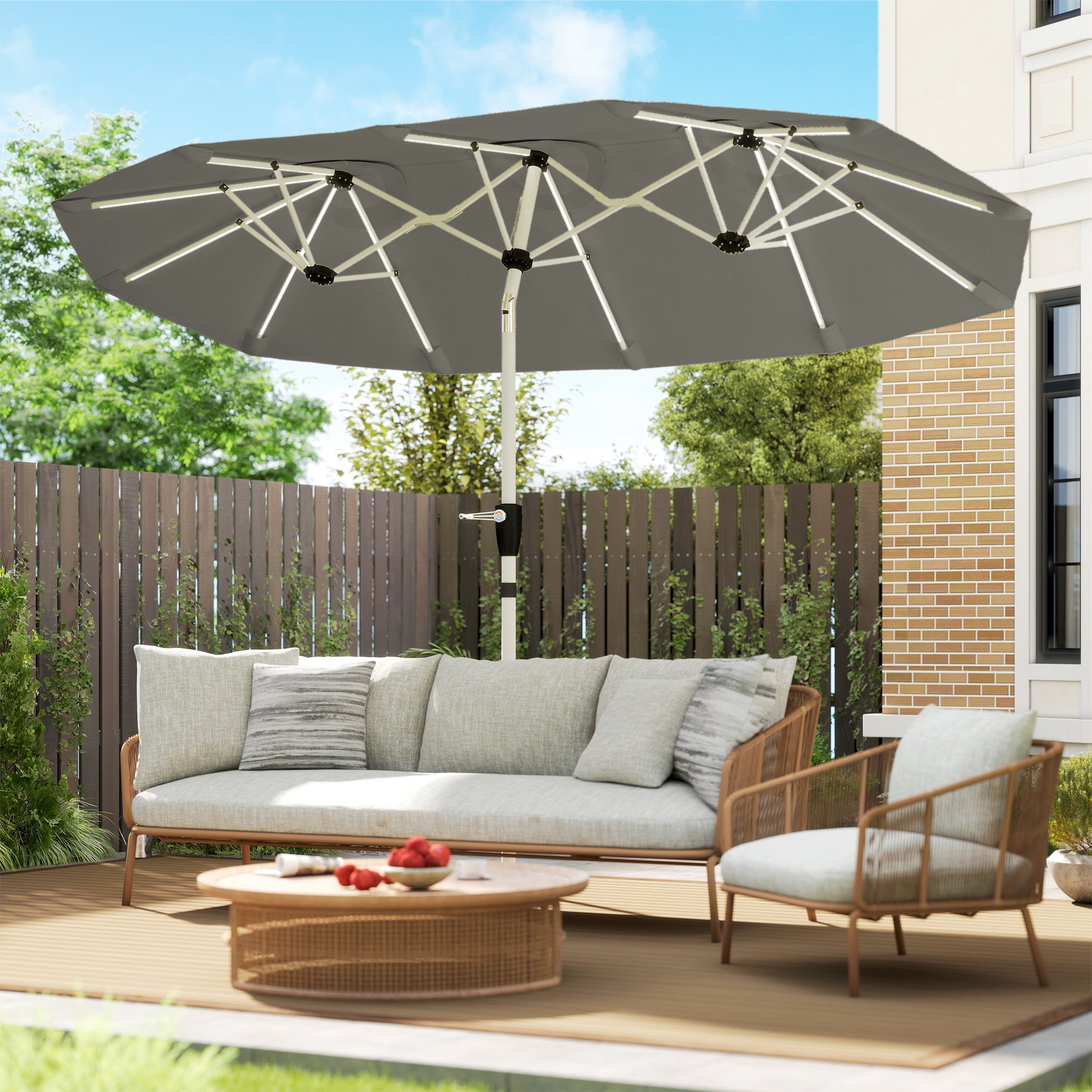 3 m Double-Sided Garden Parasol with LED Solar Lights, Outdoor Extra Large Sun Umbrella with Crank Handle, Grey