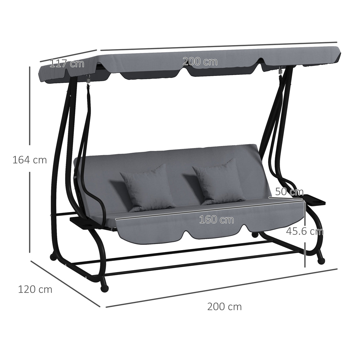 Three-Person garden Swing Chair, with Adjustable Canopy - Dark Grey