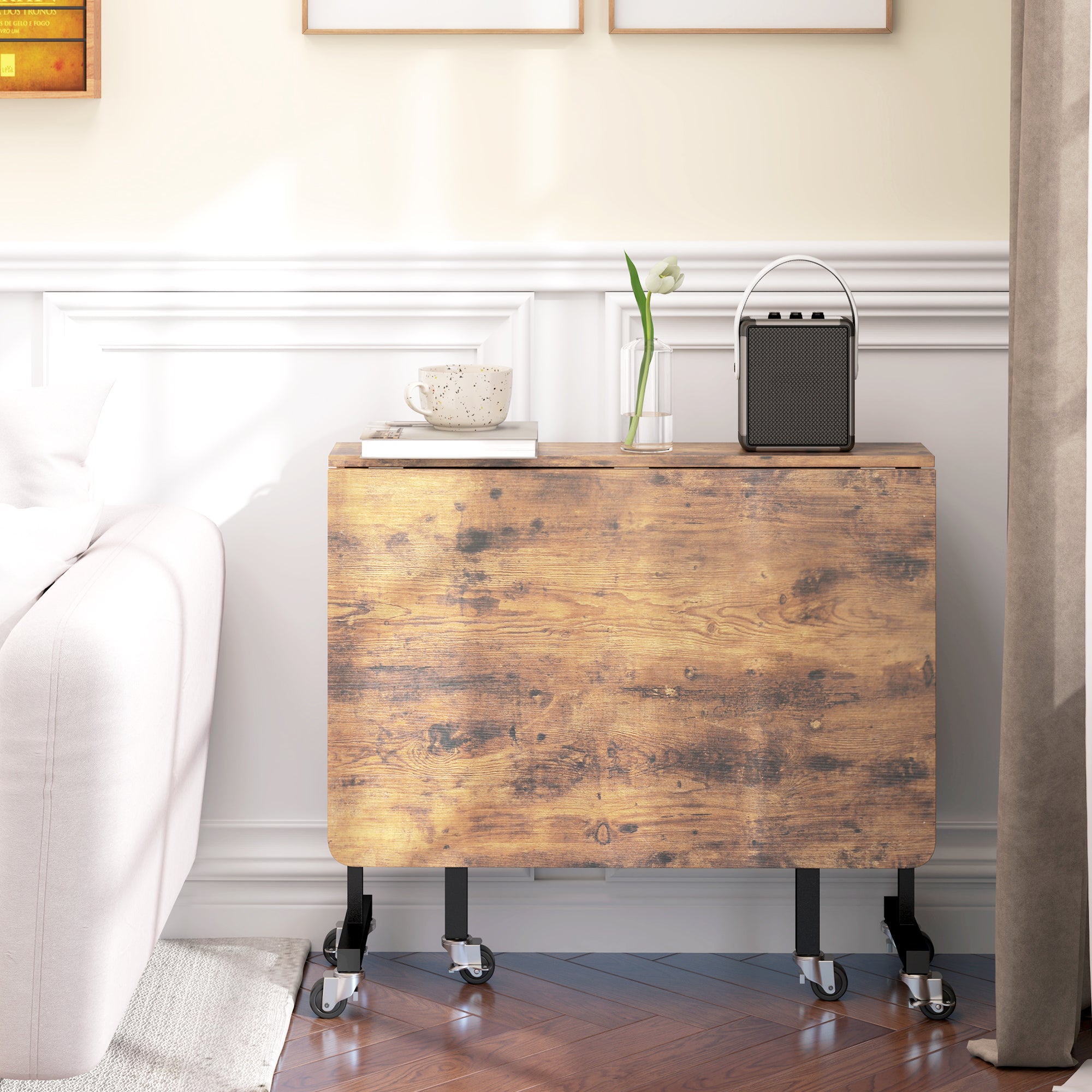 Six-Seater Drop-Leaf Dining Table, with Wheels - Brown Wood-Effect