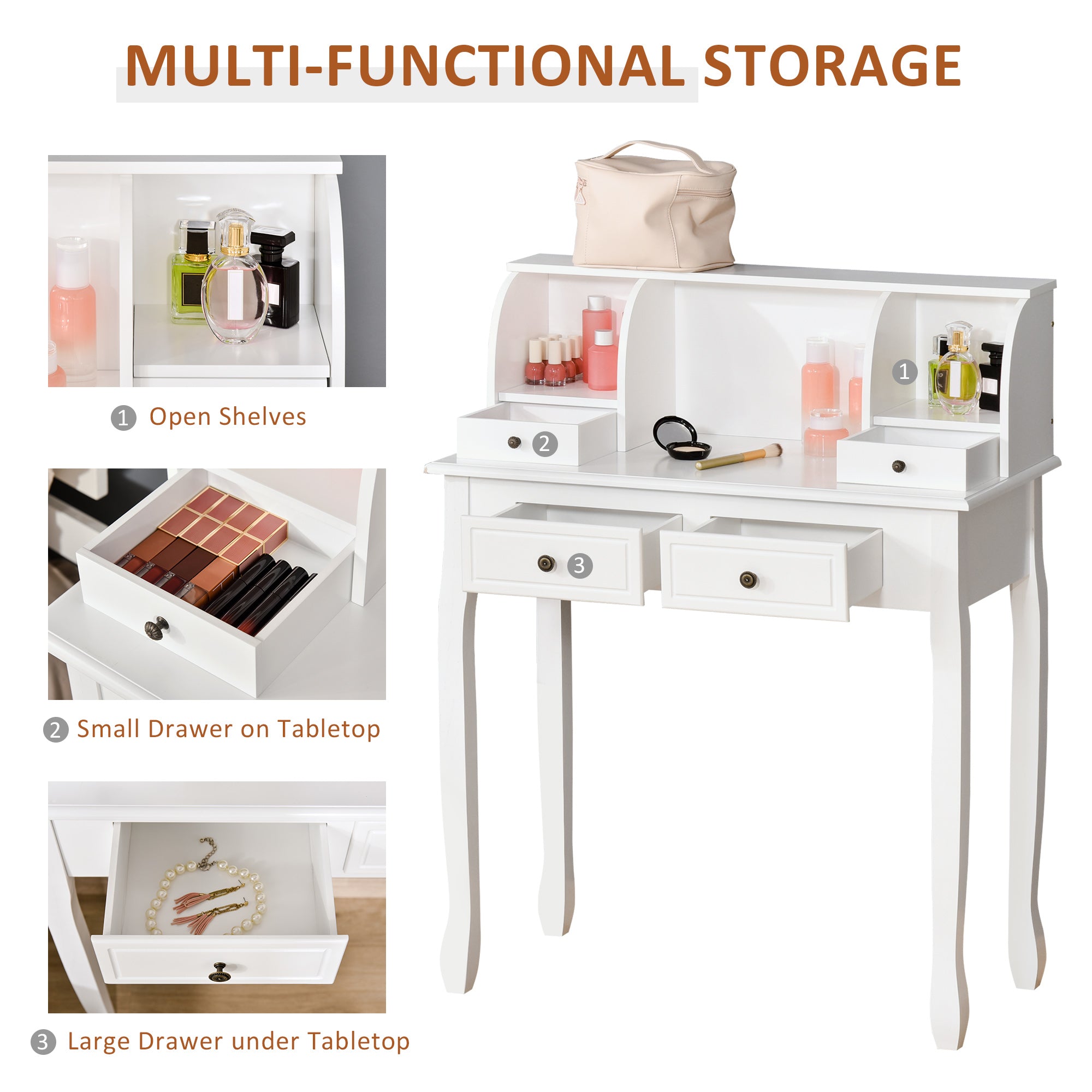 Dressing Table Vanity Make-Up 4 Drawers Dividers Console Desk Bedroom Furniture Nightstand Cosmetic Storage White