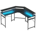 L Shaped Work Desk with 16-Colour LED Lights and Charging Ports - Black