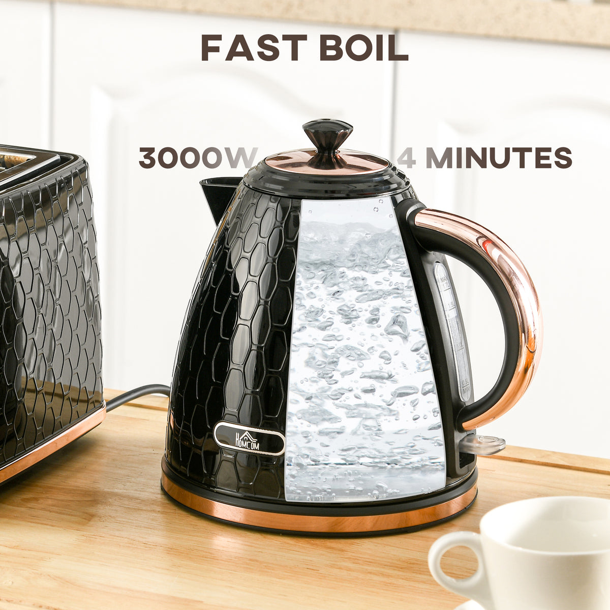 1.7L Electric Kettle 3kW Fast Boil with Auto Shut-off & Removable Filter - Black