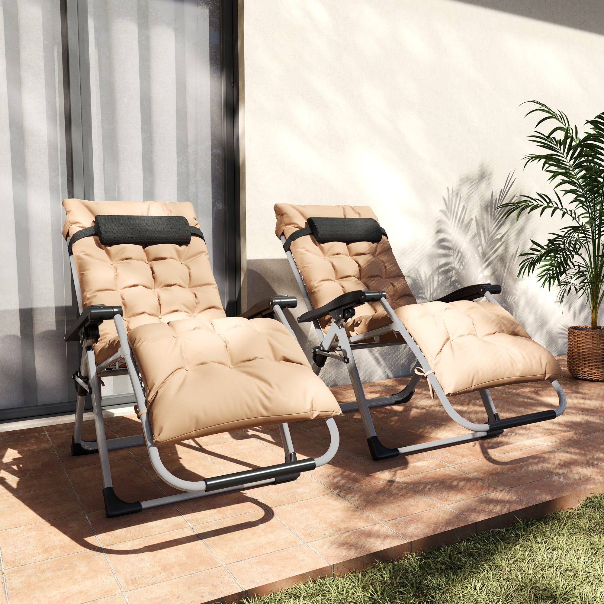 2 Piece Reclining Zero Gravity Sun Loungers with Cushions Khaki