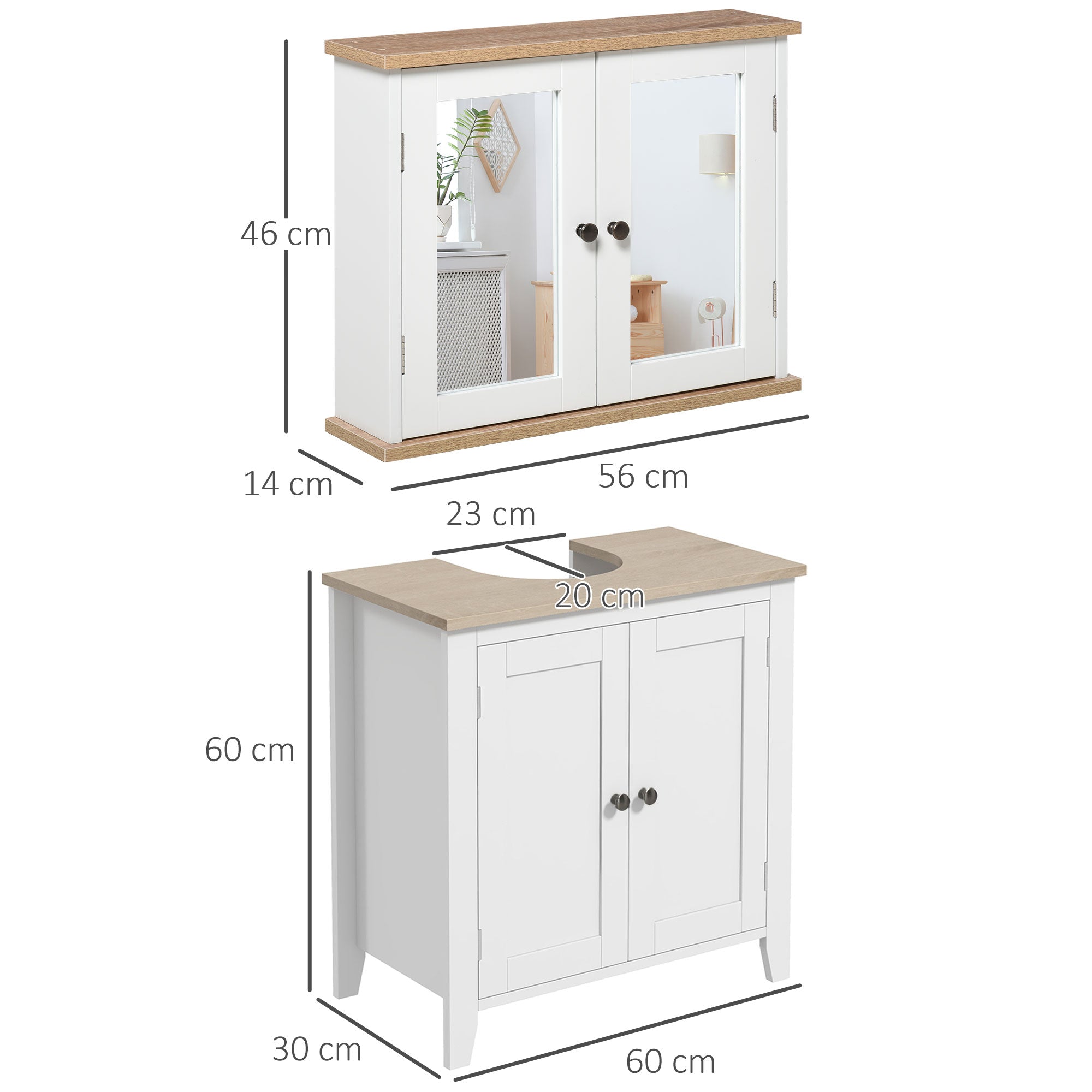 Bathroom Furniture Set, Mirror Cabinet Wall Mounted with Adjustable Shelf, Bathroom Sink Cabinet with Storage, White and Wood Grain