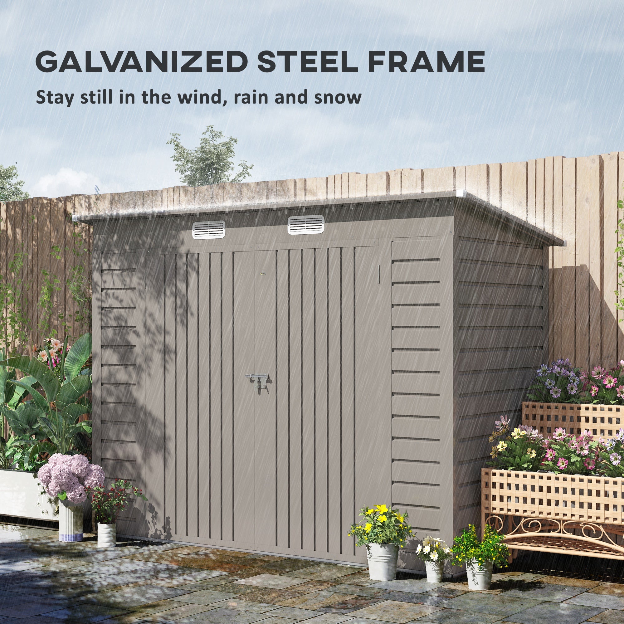 3.7 x 7.9ft Galvanised Steel Garden Shed with Latched Door Light Grey