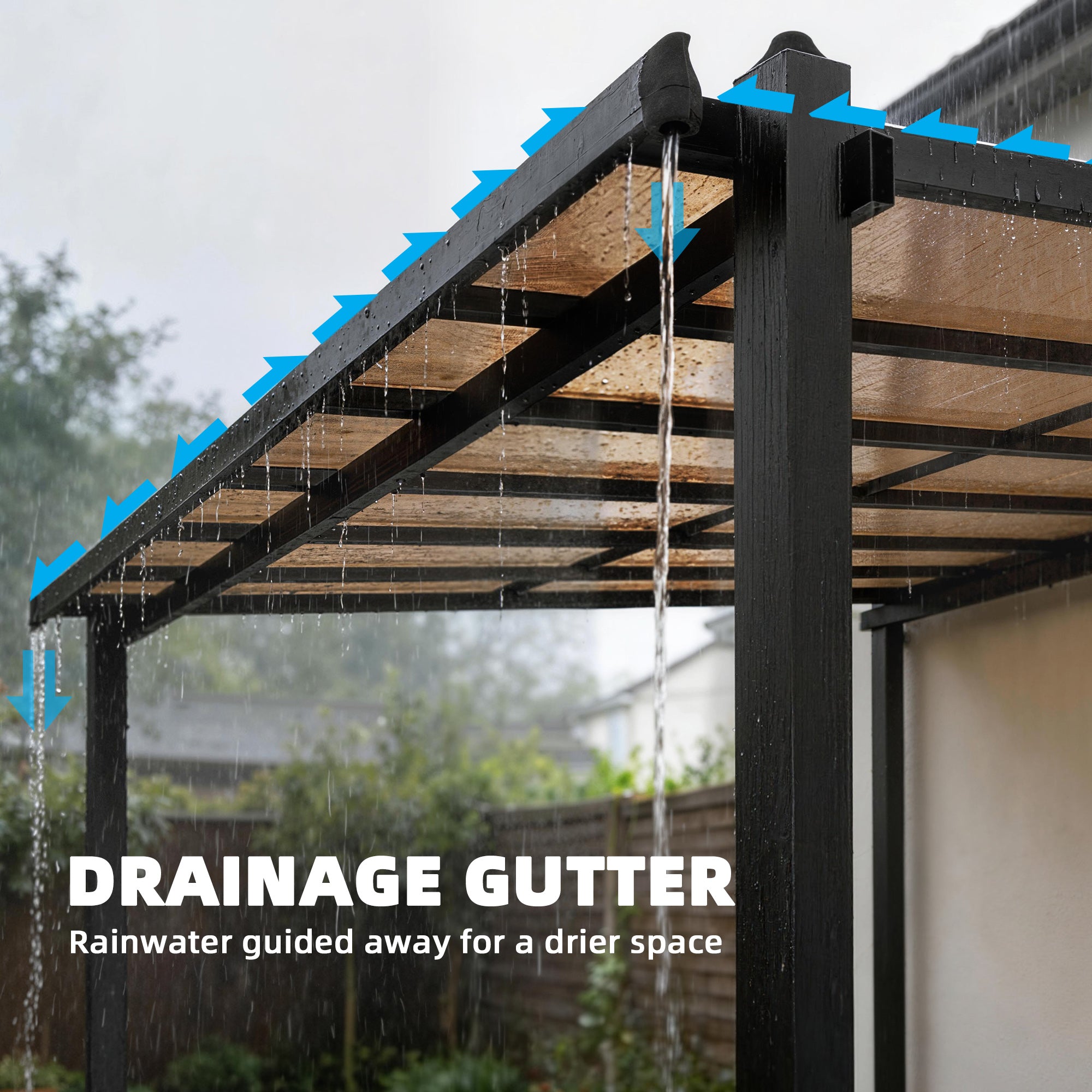 3.6 x 3 m Lean to Garden Pergola with PC Roof, Aluminium Frame Hardtop Gazebo Pergola with Drainage Gutters, Dark Grey