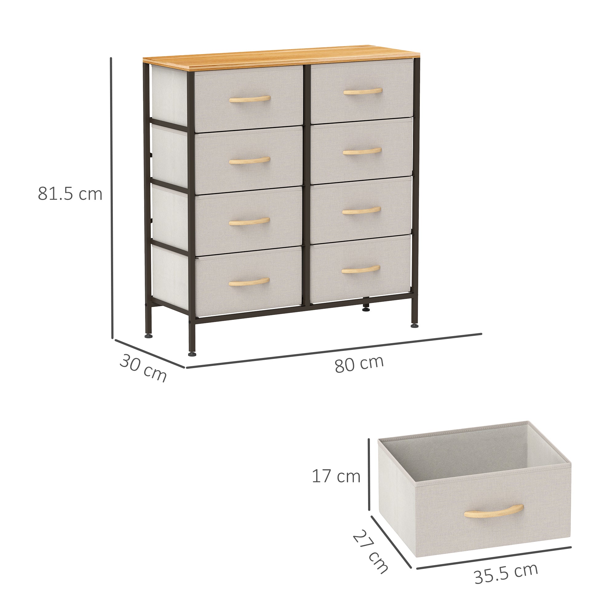 Fabric Chest of Drawers with 8 Storage Drawers, Steel Frame and Wood-Effect Top - Cream White