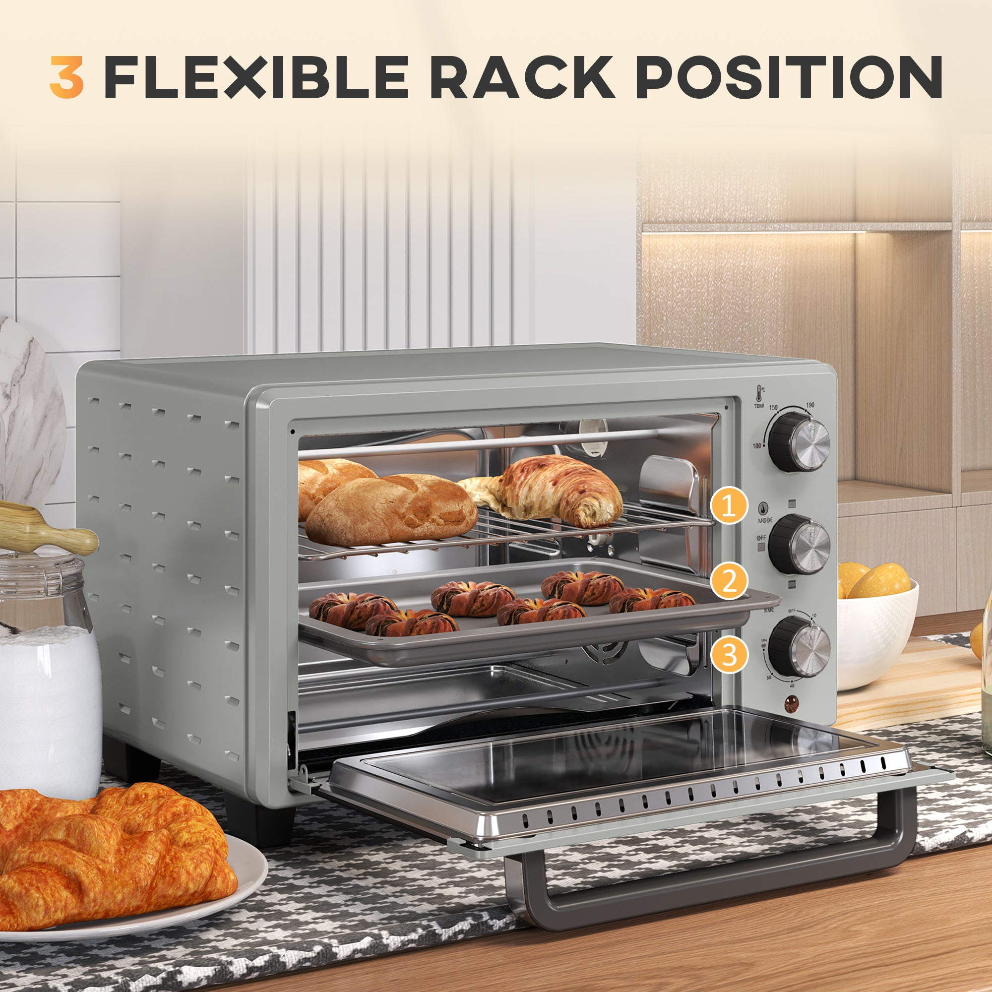 21L Mini Countertop Oven, 100°C-230°C Adjustable Temp - Silver Tone