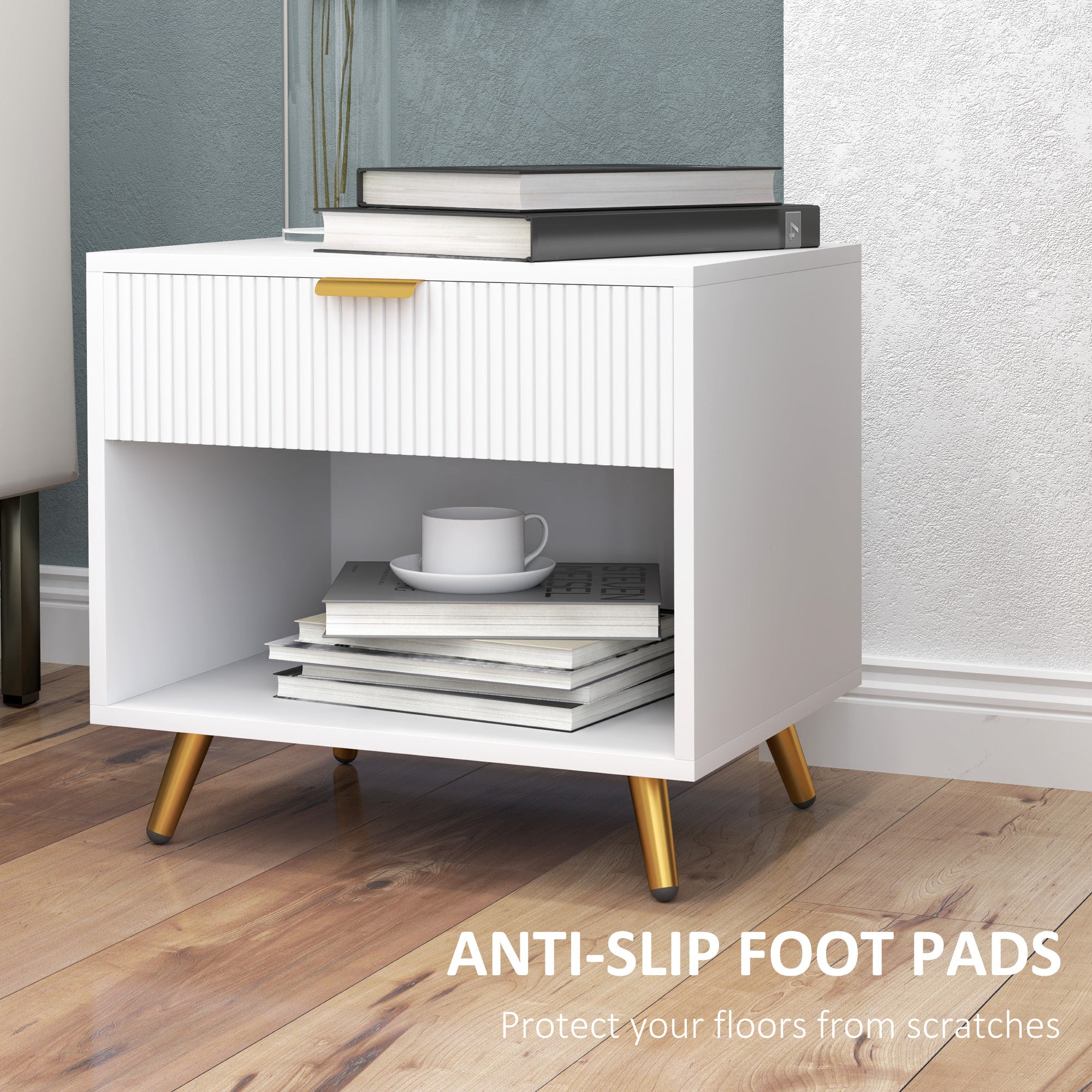 Elegant Bedside Table, with Drawer and Shelf - White/Gold Tone
