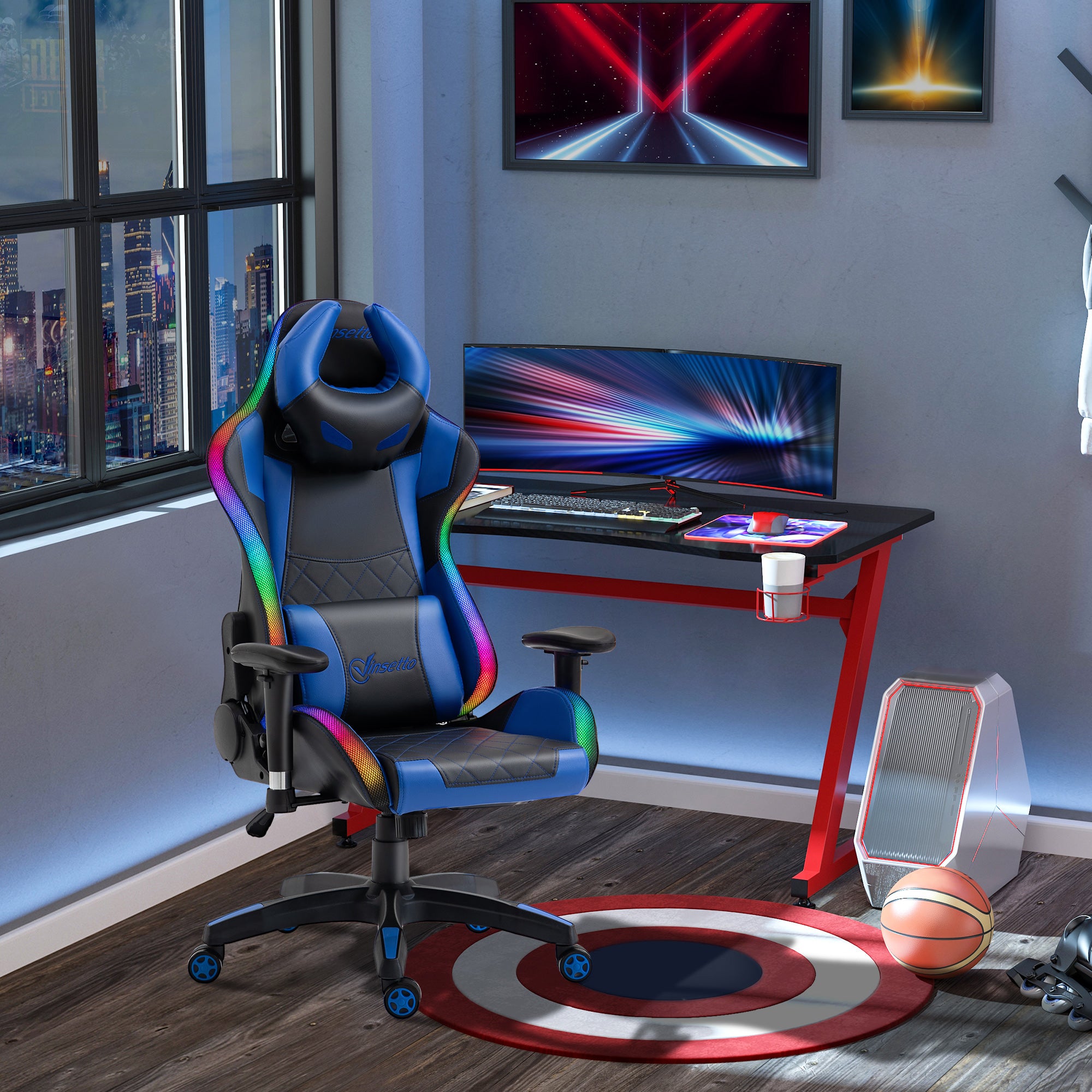 Racing Gaming Chair with RGB LED Light, Lumbar Support, Swivel Home Office Computer Recliner High Back Gamer Desk Chair, Black Blue