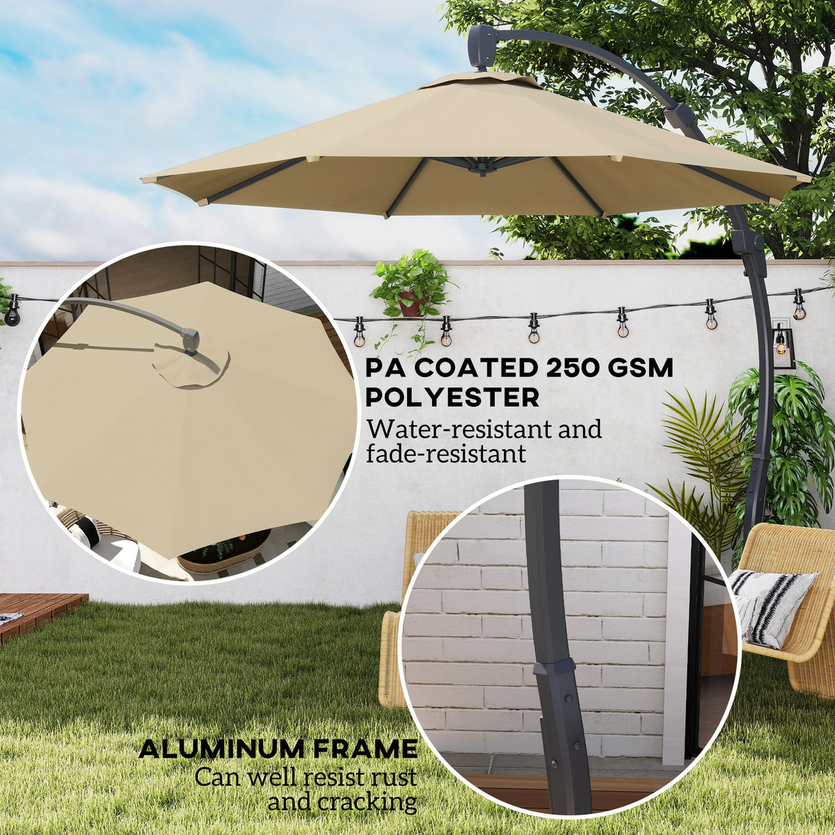 3 Metre Aluminium Cantilever Parasol with 360° Rotation - Khaki