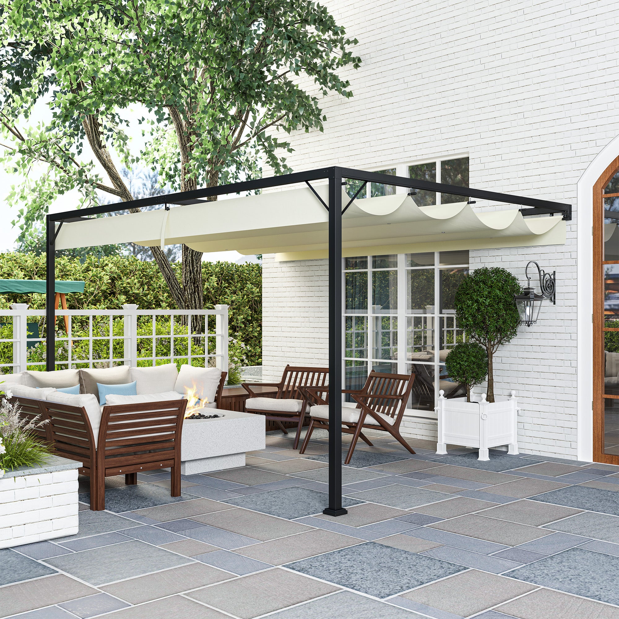 4 x 3 Metre Retractable Pergola Canopy - Cream White Metal Frame