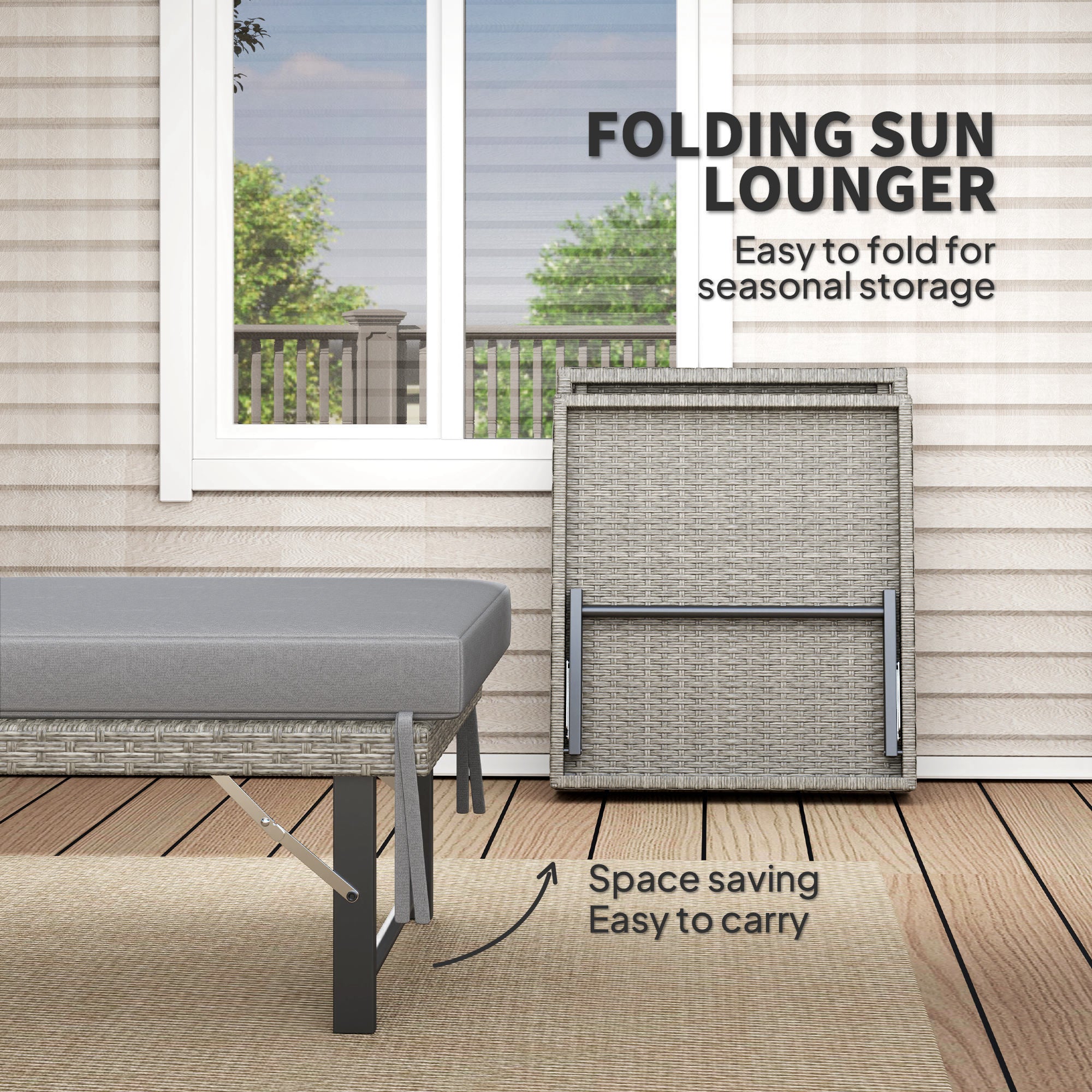 Single Folding Rattan Sun Lounger, with Cushion - Grey