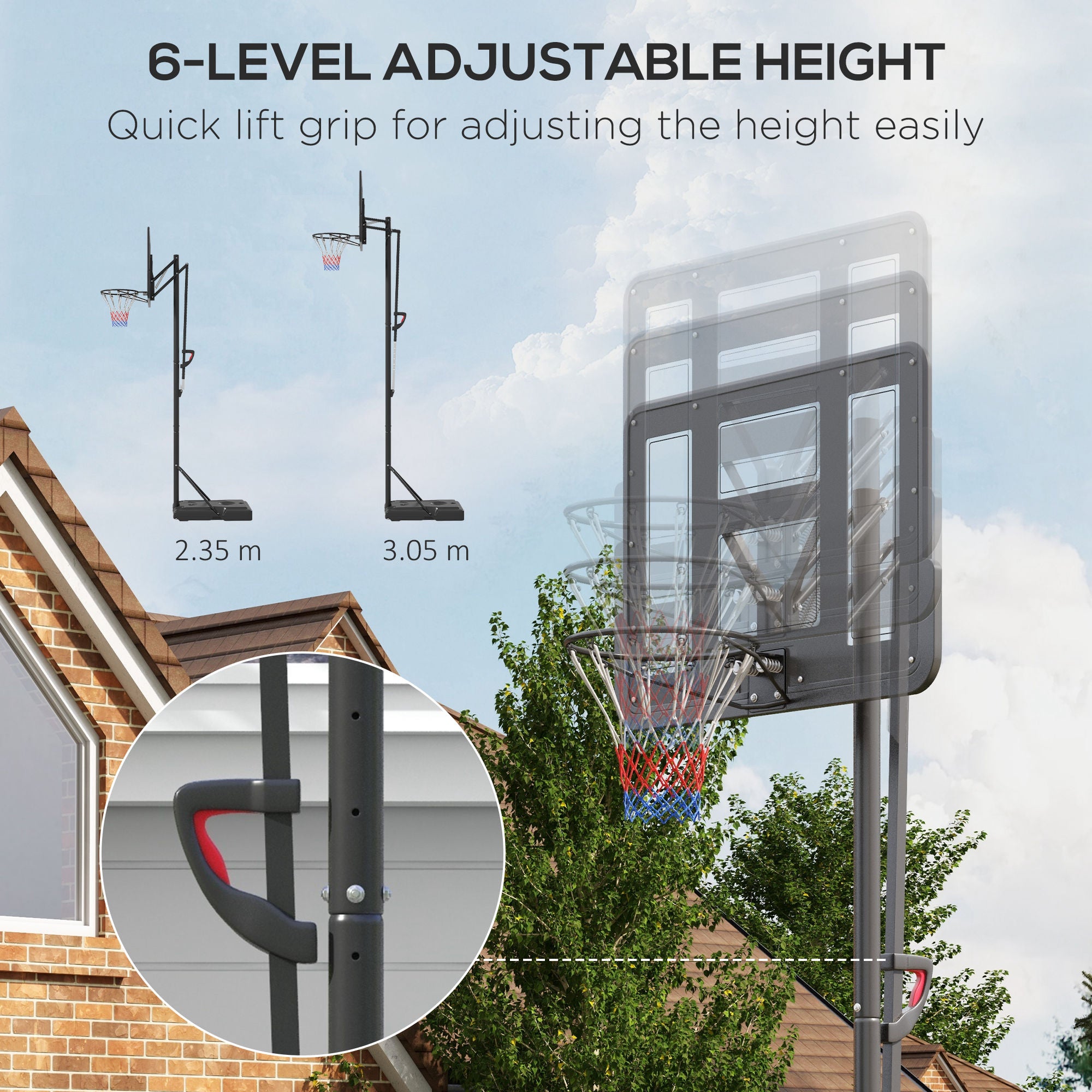 Height Adjustable Basketball System, Freestanding Basketball Hoop and Stand w/ Wheels, 2.35-3.05m