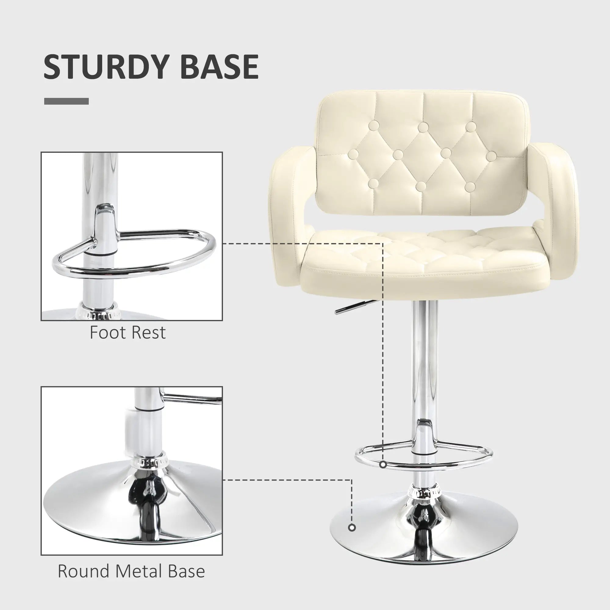PU Leather Adjustable Swivel Bar Stool with Back, Armrest & Footrest - Cream White