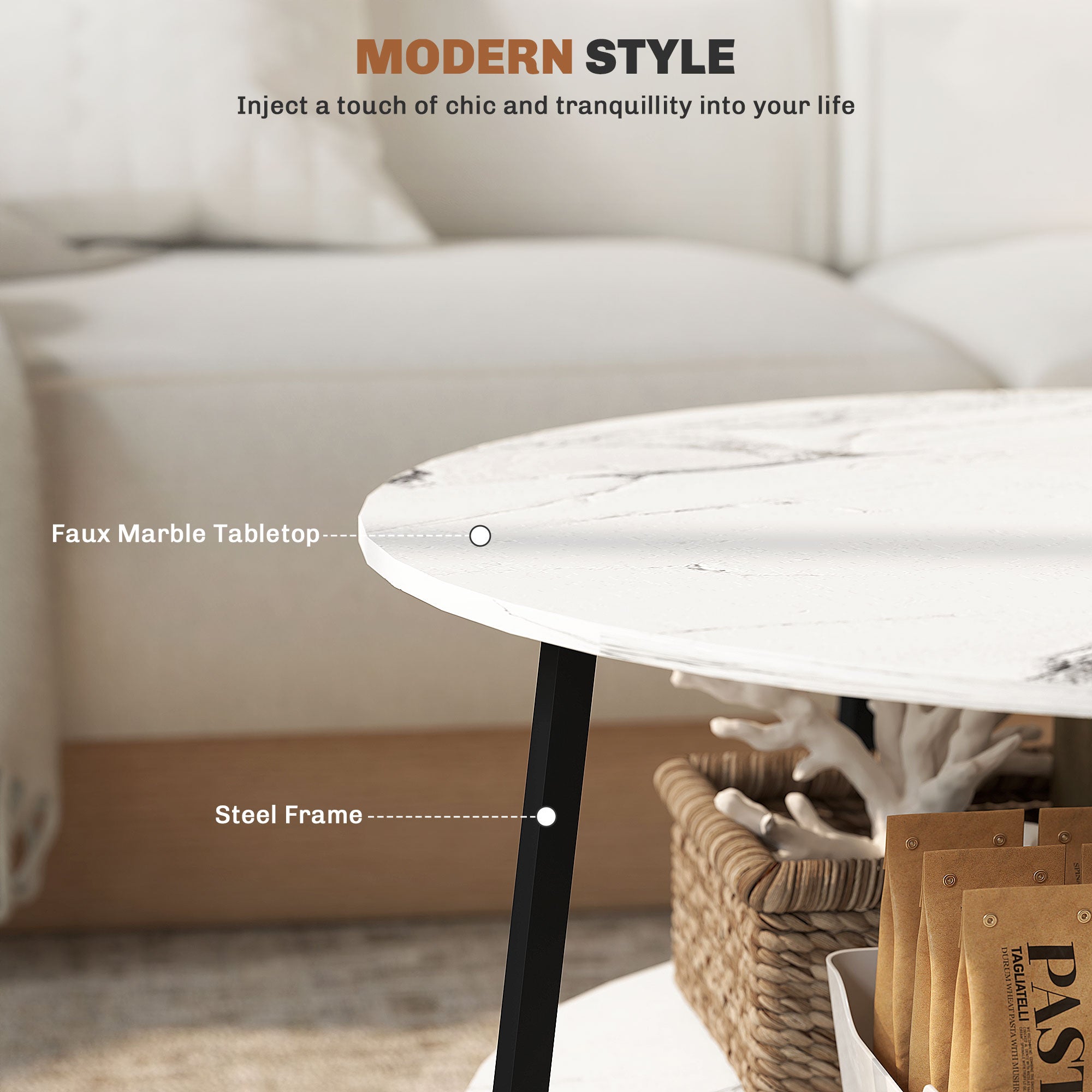 Two-Tier Marble-Effect Coffee Table - White/Black